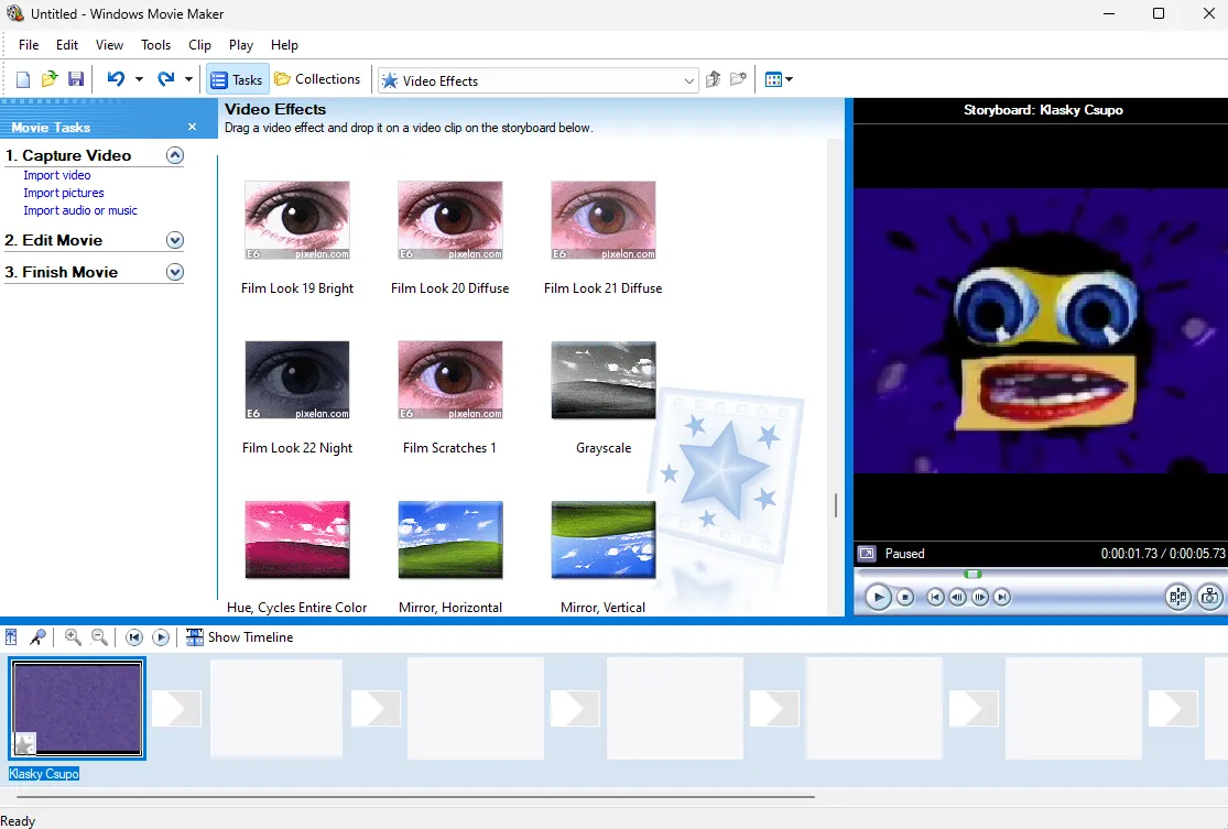 Ảnh chụp màn hình giao diện Windows Movie Maker với timeline chỉnh sửa video và cửa sổ xem trước.