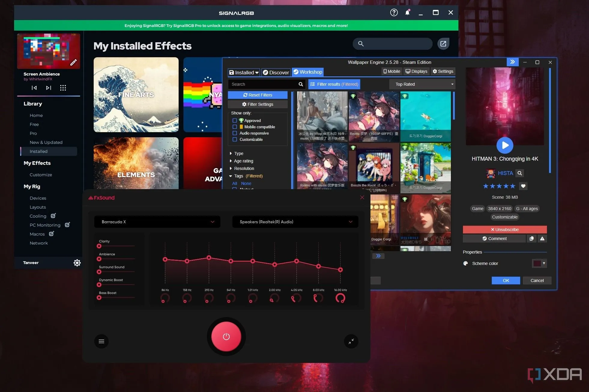 Ảnh chụp màn hình hiển thị các cửa sổ SignalRGB, Wallpaper Engine và FxSound đang chạy trên máy tính Windows