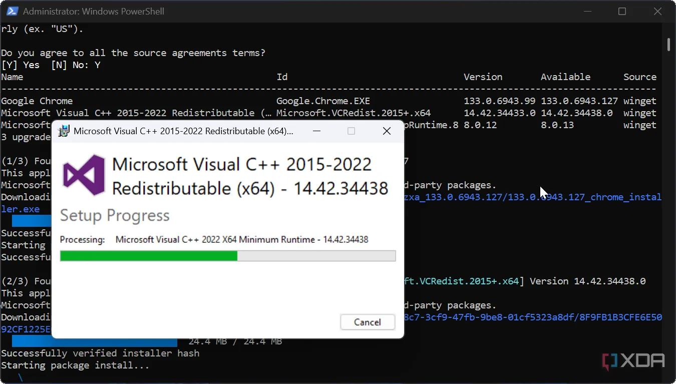 Ảnh chụp màn hình hiển thị quá trình cài đặt Microsoft Visual thông qua script cập nhật ứng dụng PowerShell
