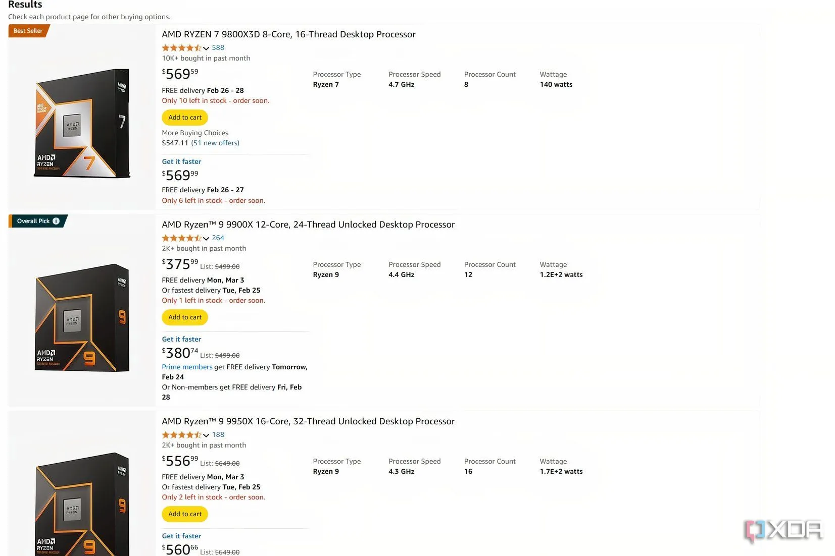 Ảnh chụp màn hình hiển thị tình trạng khan hàng và giá bán cao của CPU Ryzen 7 9800X3D trên Amazon.