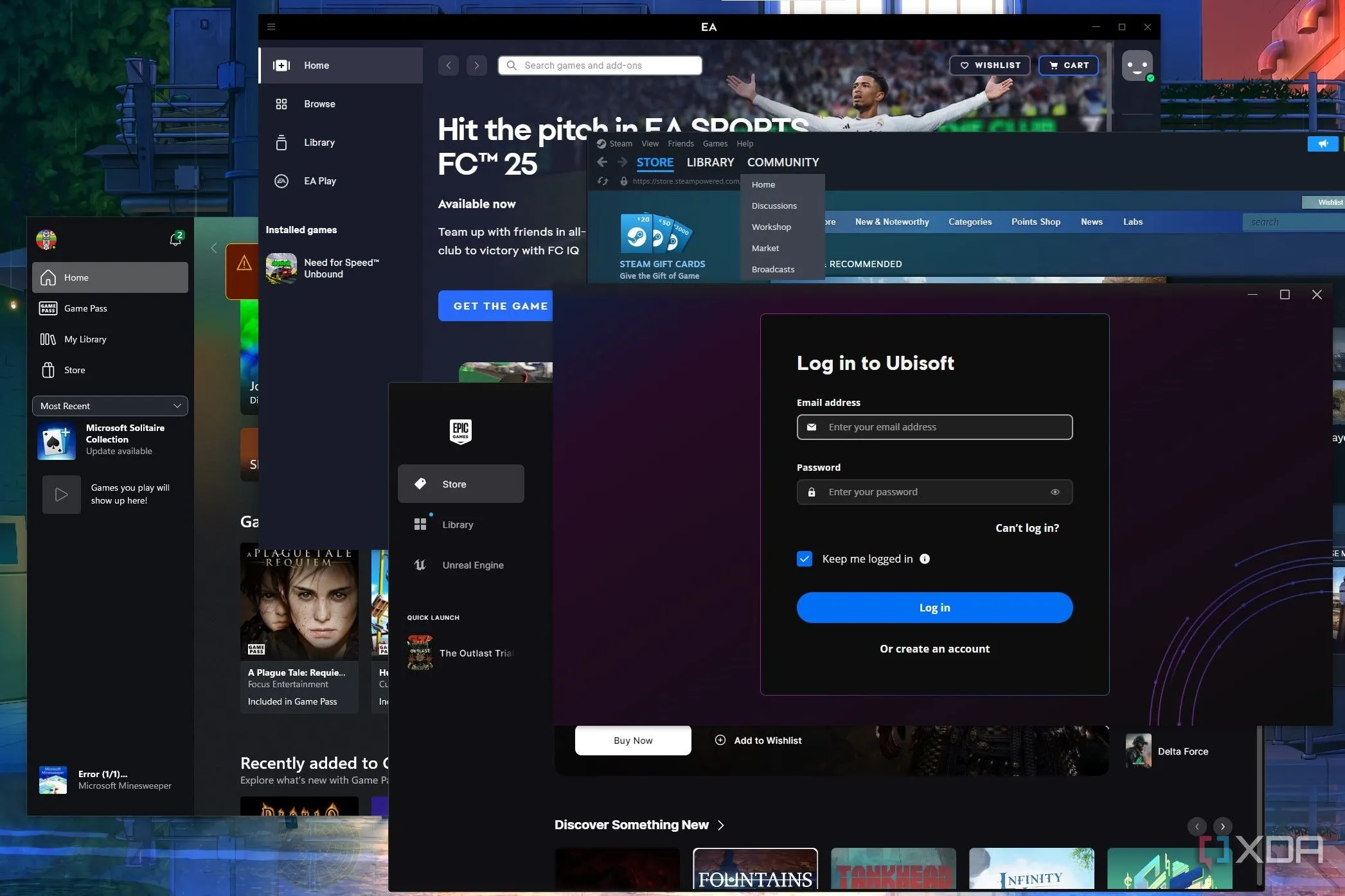 Ảnh chụp màn hình nhiều launcher game đang mở trên desktop Windows