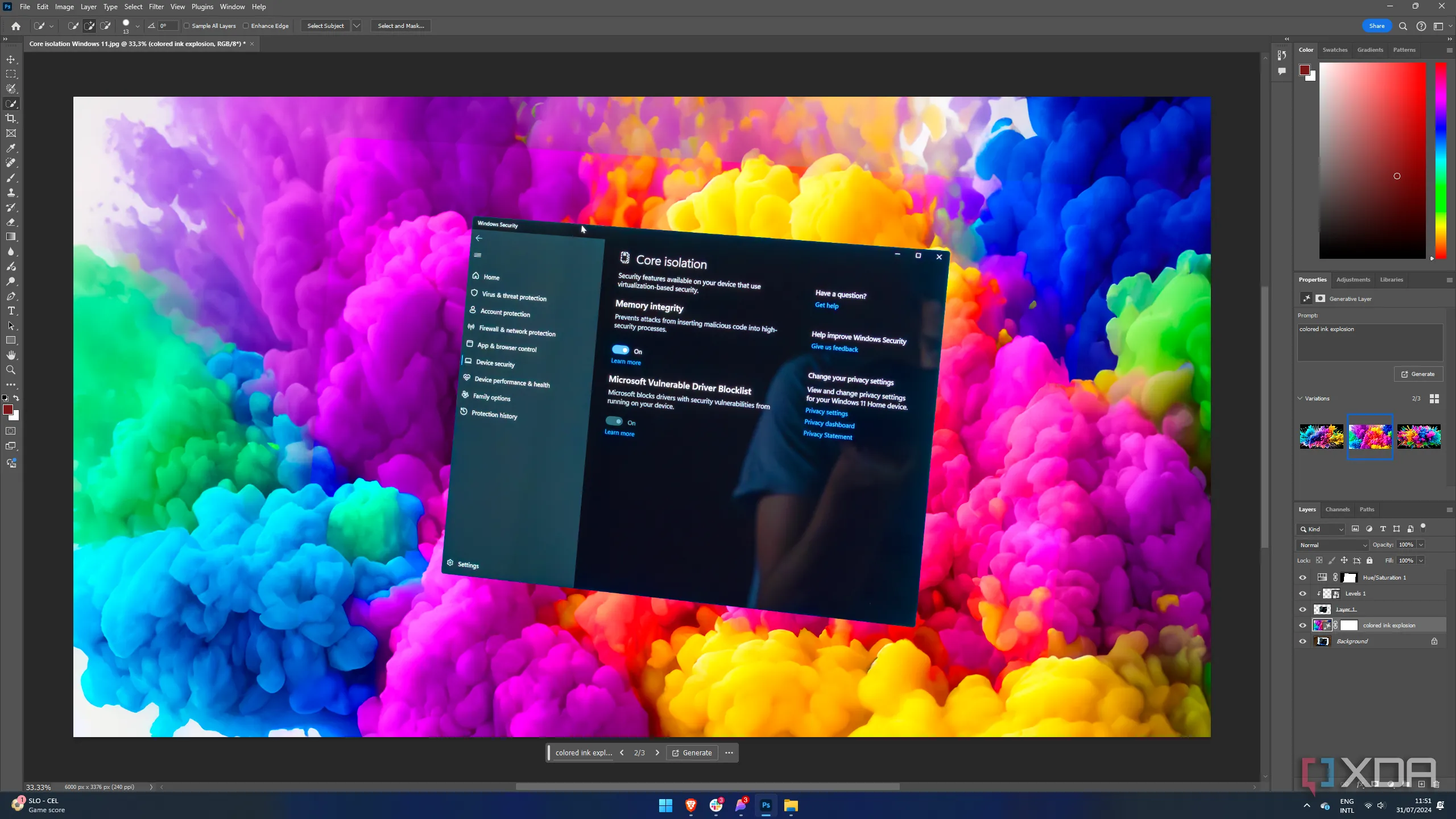 Ảnh chụp màn hình Photoshop hiển thị hình ảnh với nền được tạo bằng AI sau khi dùng Quick Actions để xóa nền