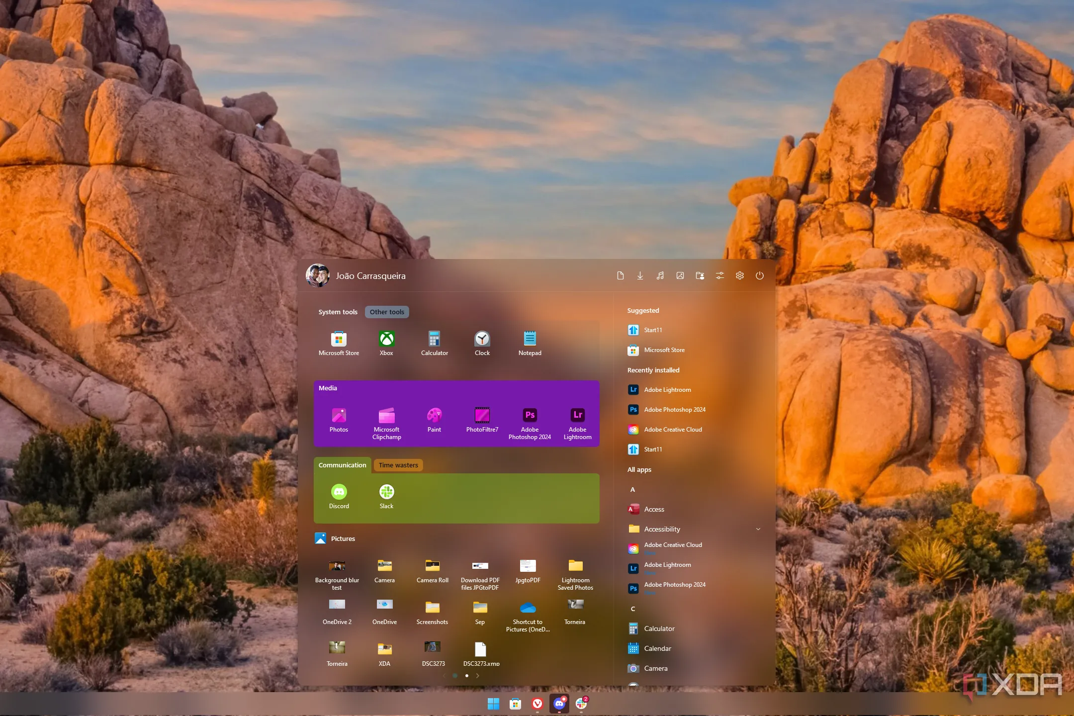 Ảnh chụp màn hình Start Menu của Start11 v2, so sánh với tùy biến Windhawk