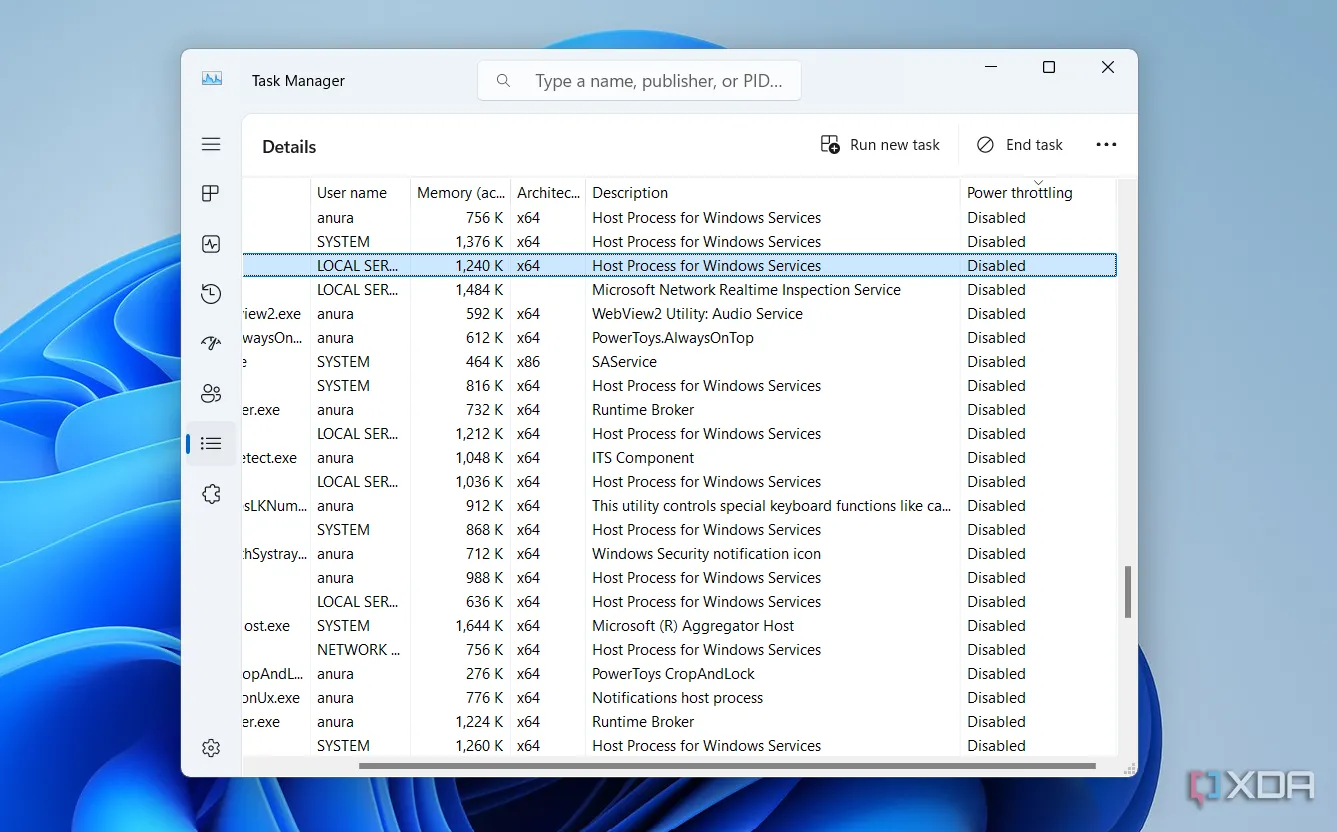 Ảnh chụp màn hình Task Manager hiển thị cột Power Throttling