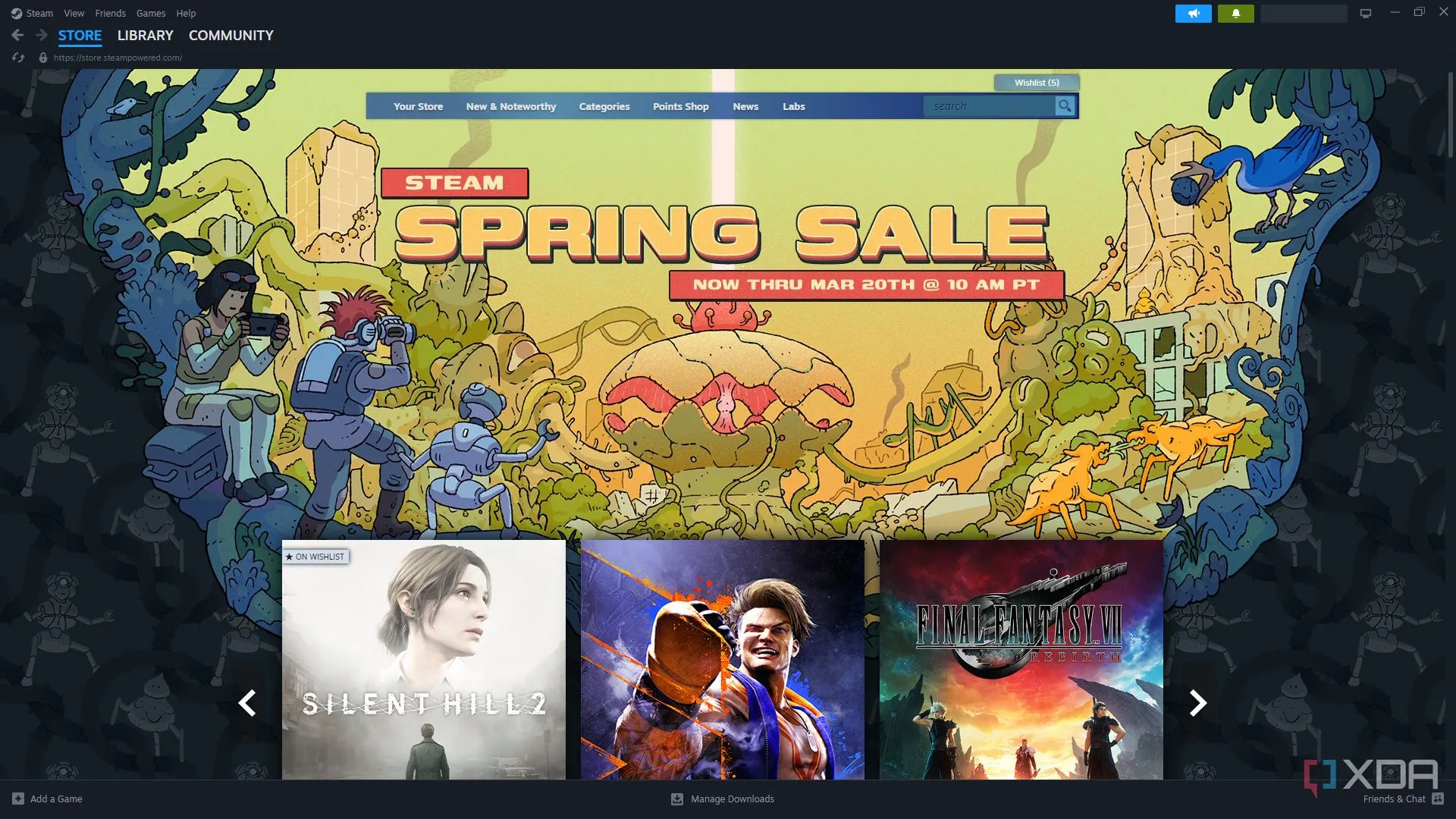 Ảnh chụp màn hình trang chủ cửa hàng Steam hiển thị đợt giảm giá mùa xuân