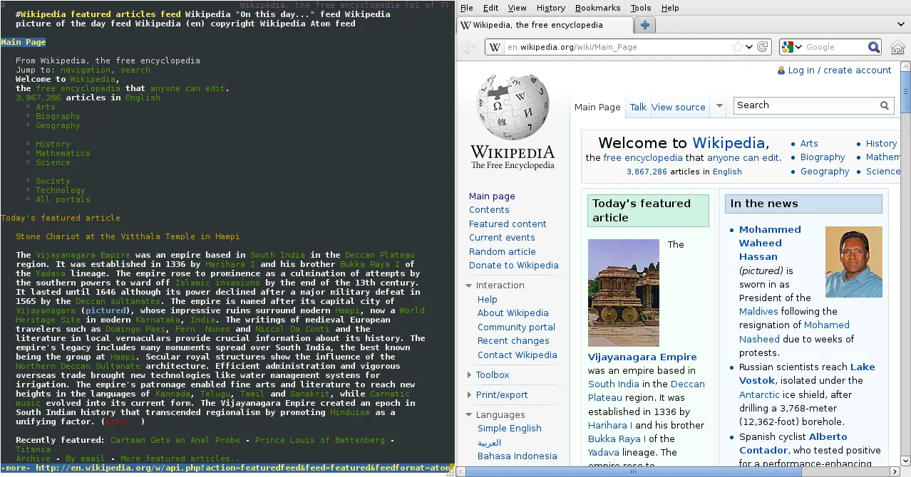 Ảnh chụp màn hình trang chủ Wikipedia hiển thị song song trên trình duyệt Lynx và Firefox, minh họa sự cố của Wikimedia Foundation