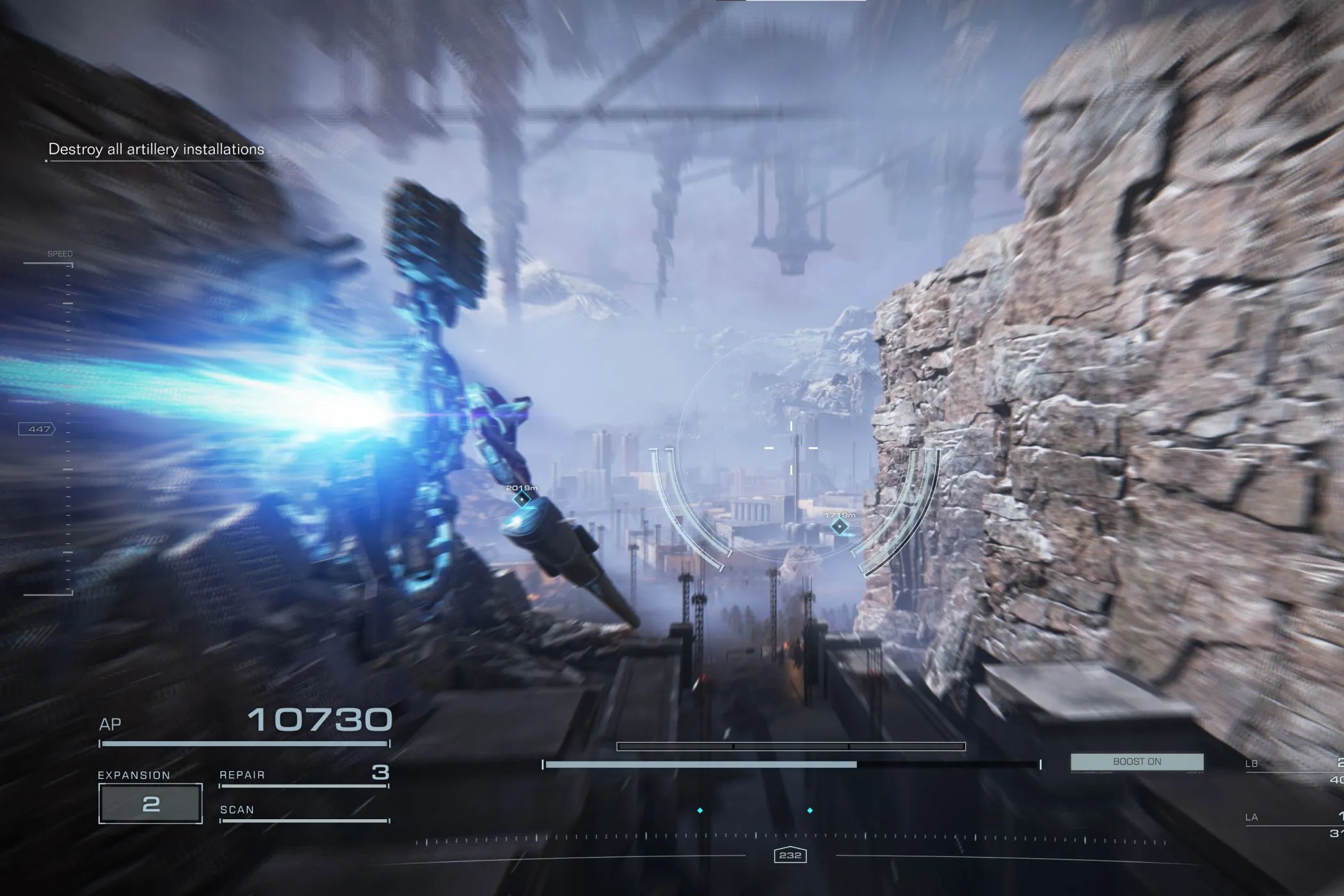 Ảnh chụp màn hình trong game Armored Core 6, hiển thị hiệu ứng motion blur và chi tiết đồ họa khi chơi game.