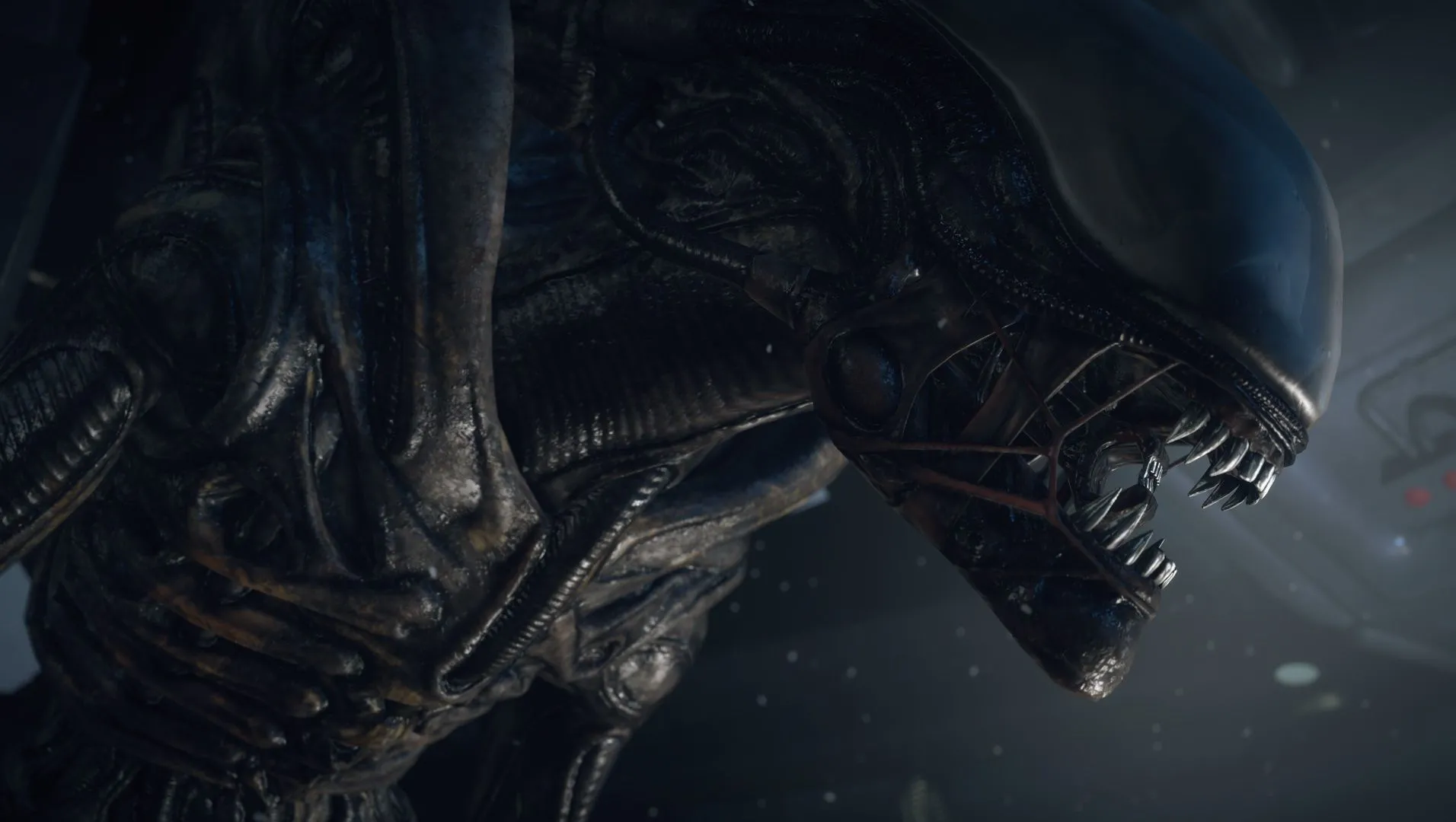 Ảnh chụp màn hình từ game Alien: Isolation, mô tả không gian u tối và căng thẳng trong tàu Sevastopol