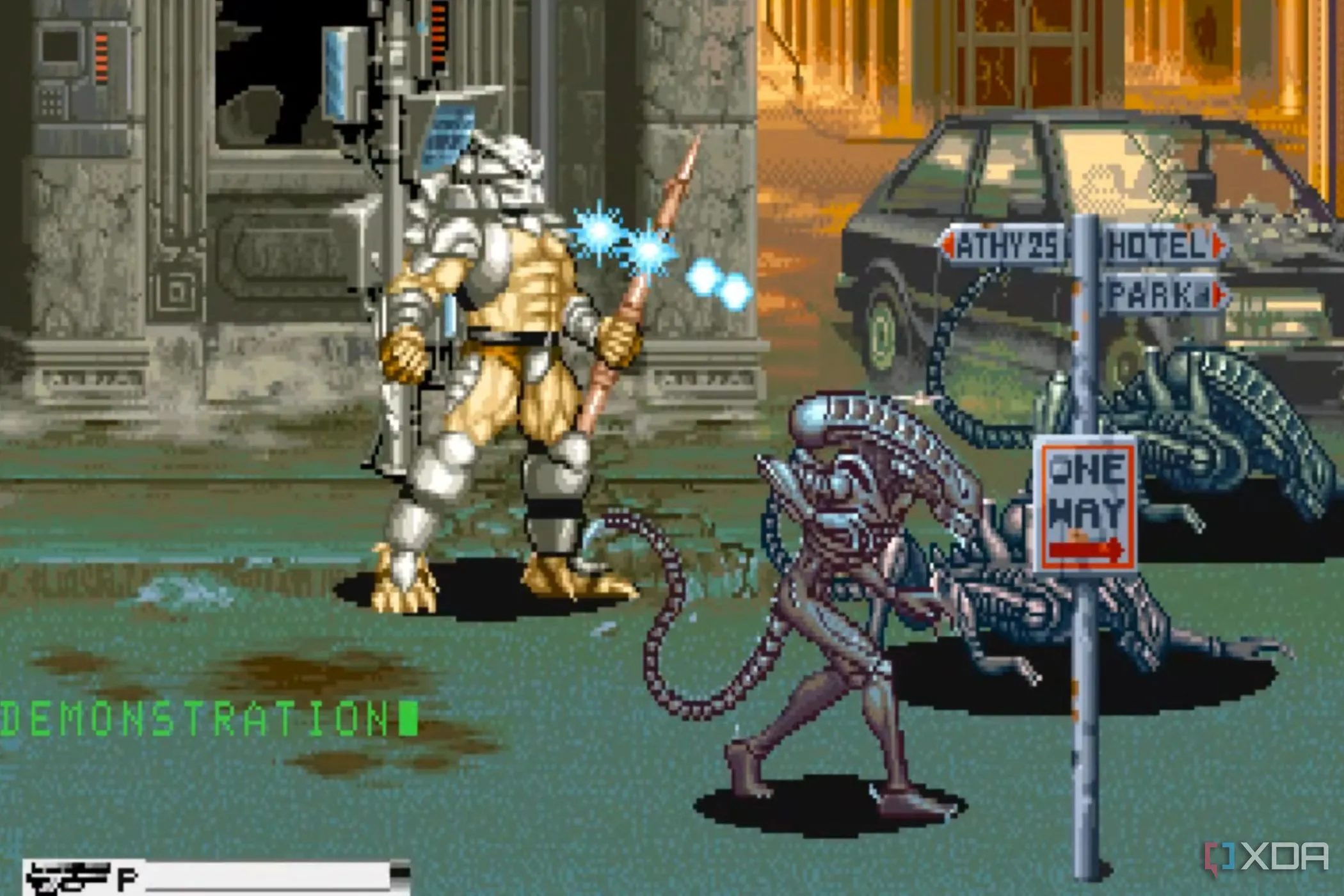 Ảnh chụp màn hình từ game arcade Alien vs. Predator, hiển thị cảnh chiến đấu