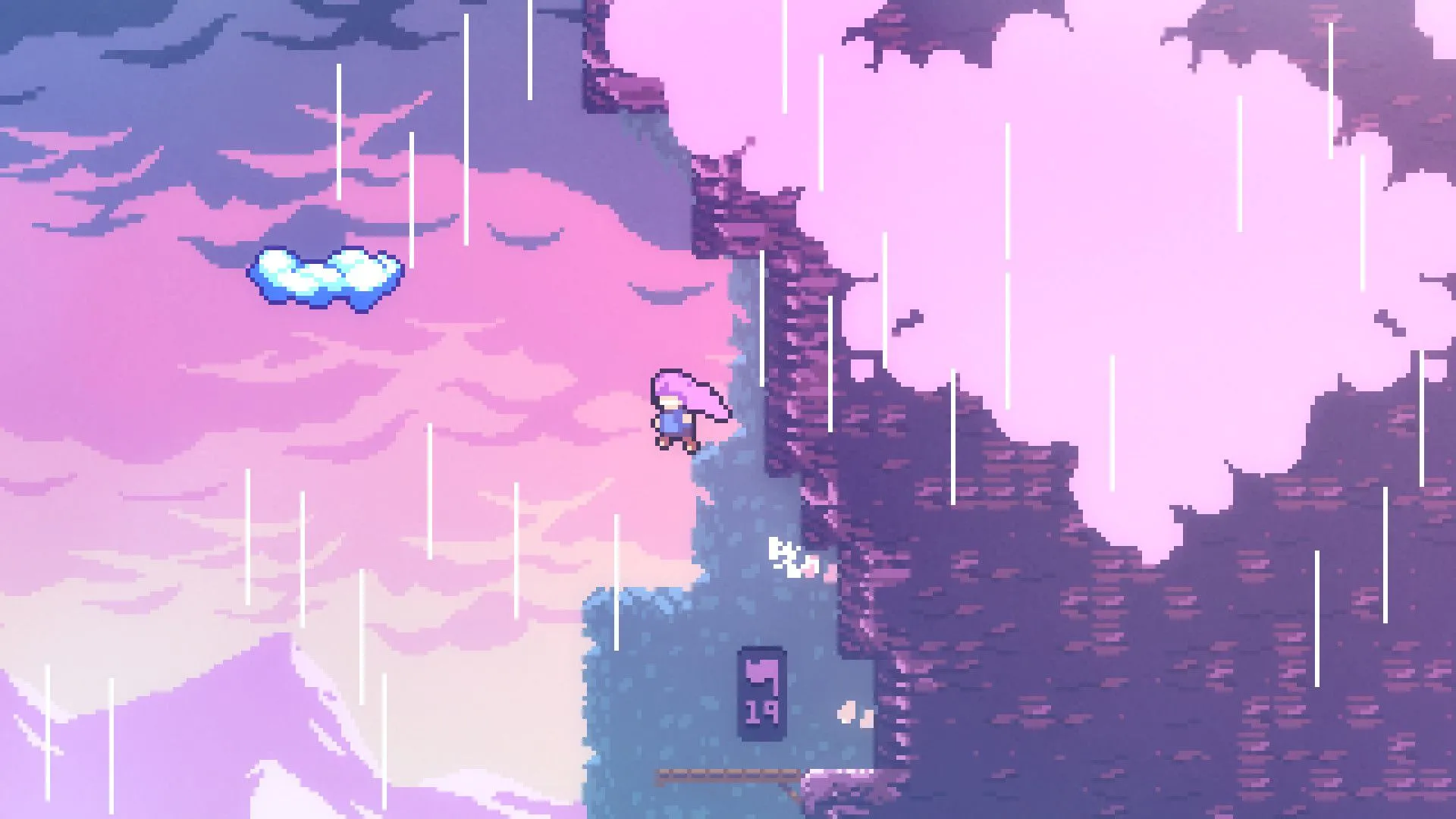Ảnh chụp màn hình từ game Celeste của nhân vật người chơi đang nhảy về phía một đám mây trên sườn núi.