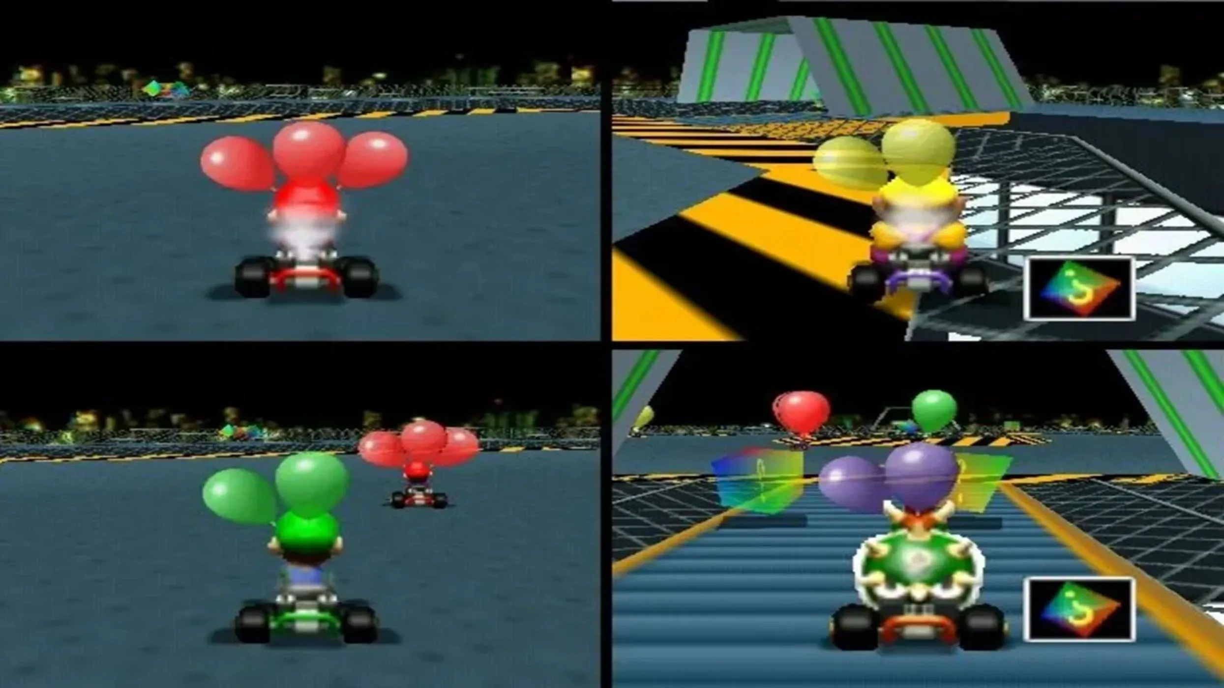 Ảnh chụp màn hình từ gameplay Mario Kart 64, hiển thị đường đua và các nhân vật đang drift