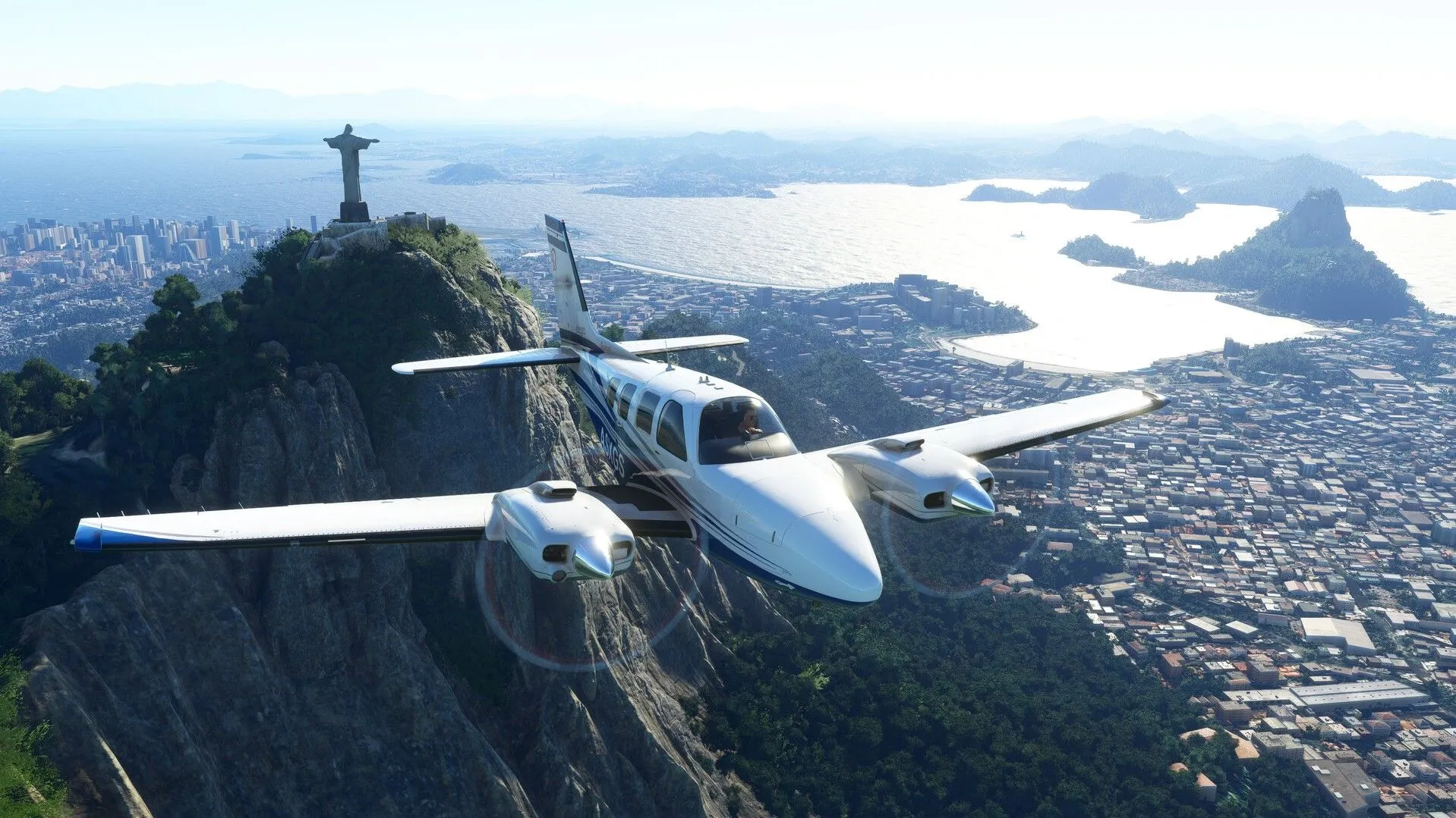 Ảnh chụp màn hình từ trò chơi Microsoft Flight Simulator với khung cảnh thành phố Rio sống động.