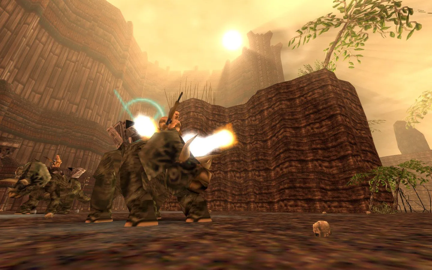Ảnh chụp màn hình Turok Remaster 2025: Xạ thủ cưỡi khủng long chiến đấu trước gò đất