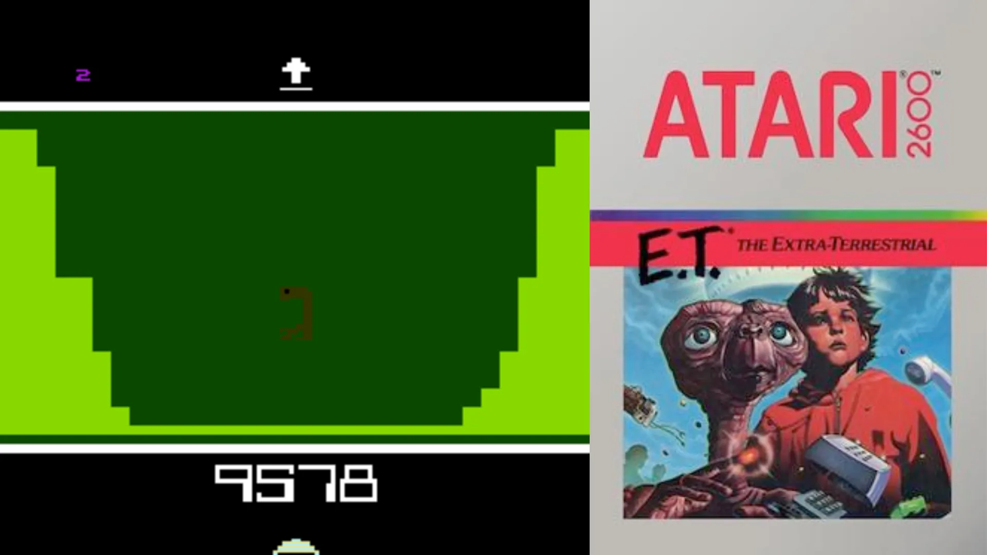 Ảnh chụp màn hình và bìa game E.T. The Extra-Terrestrial trên Atari, minh họa đồ họa đơn giản và giao diện game.