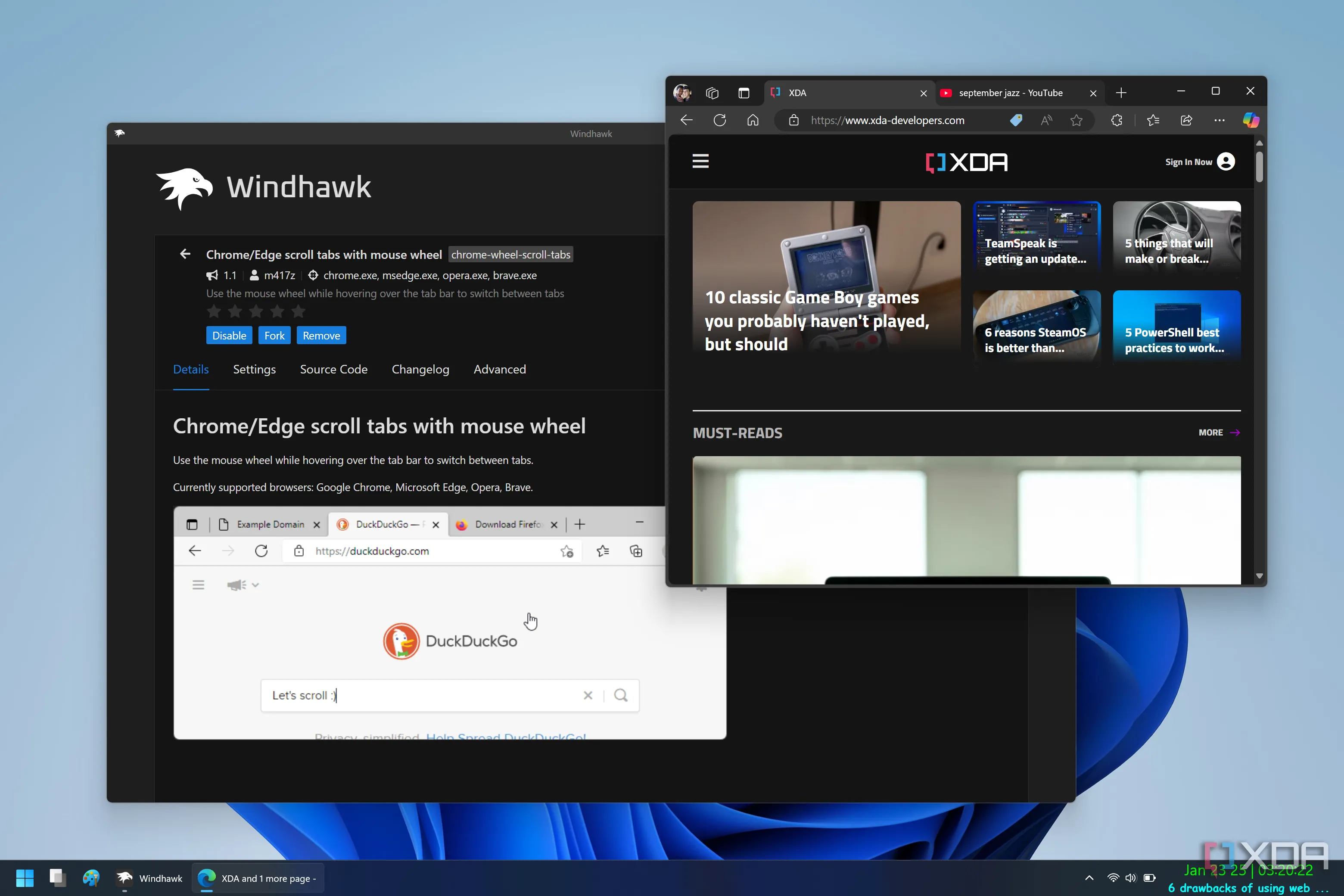 Ảnh chụp màn hình Windhawk đang kích hoạt mod cuộn tab trình duyệt Edge bằng chuột giữa