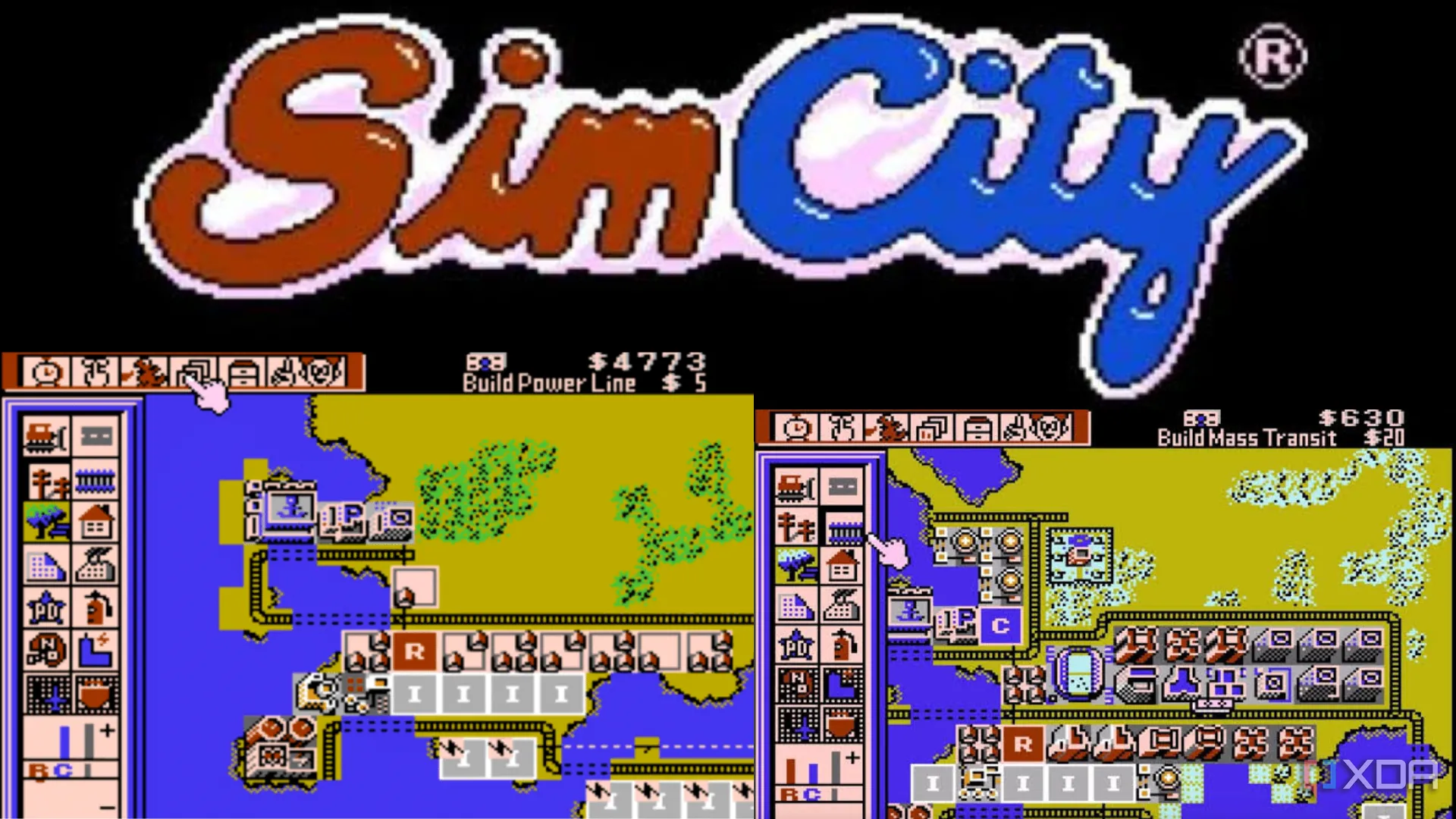 Ảnh ghép các màn hình chơi SimCity trên SNES với logo game phía trên