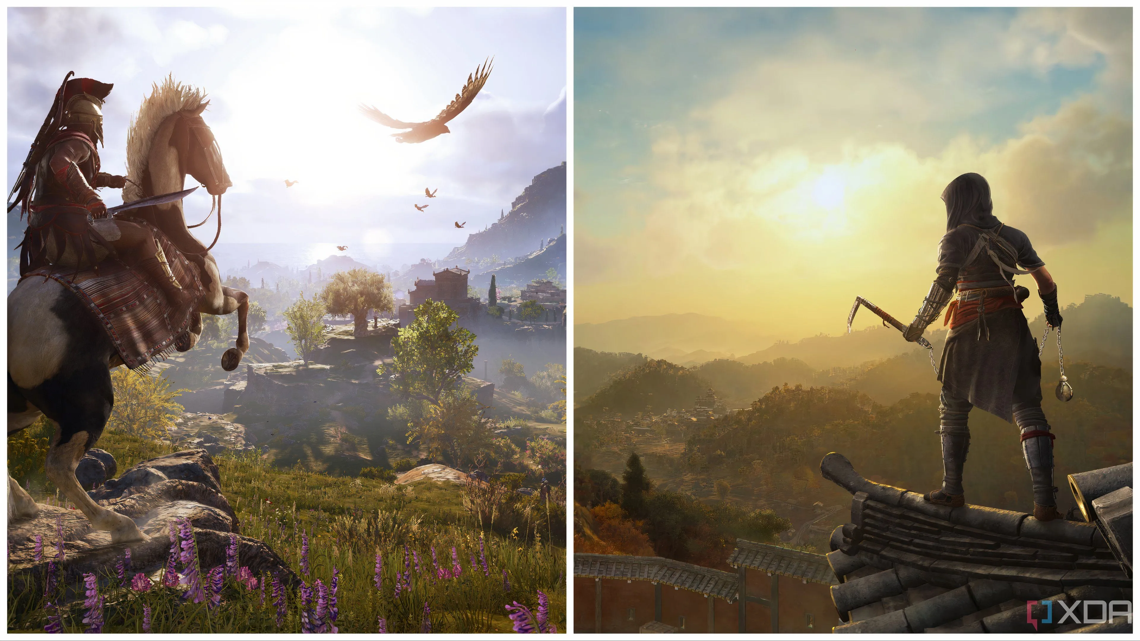 Ảnh ghép môi trường của Assassin's Creed Odyssey và hình ảnh từ Assassin's Creed Shadows, minh họa sự phát triển của dòng game