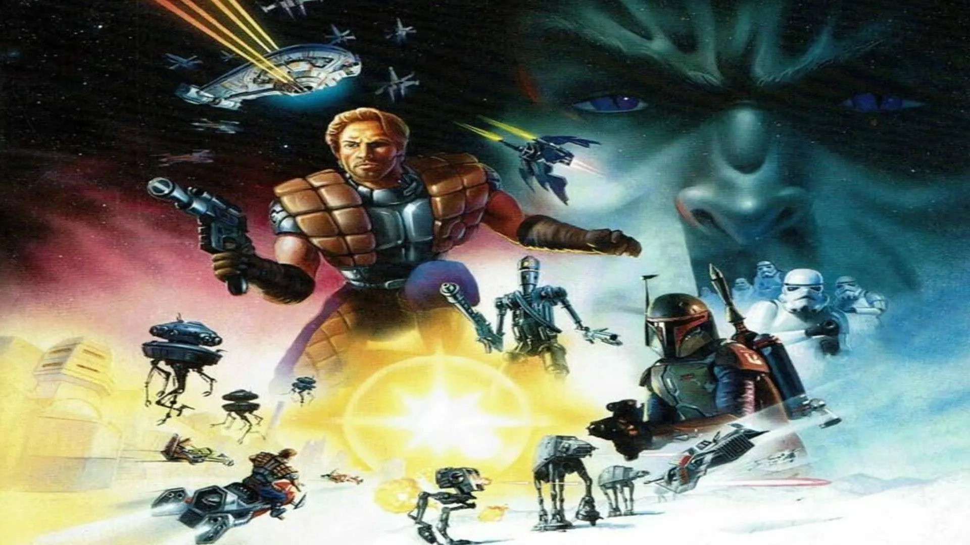Ảnh key art của game Star Wars: Shadows of the Empire, hình ảnh Dash Rendar cùng các nhân vật chính trong câu chuyện hậu Return of the Jedi.