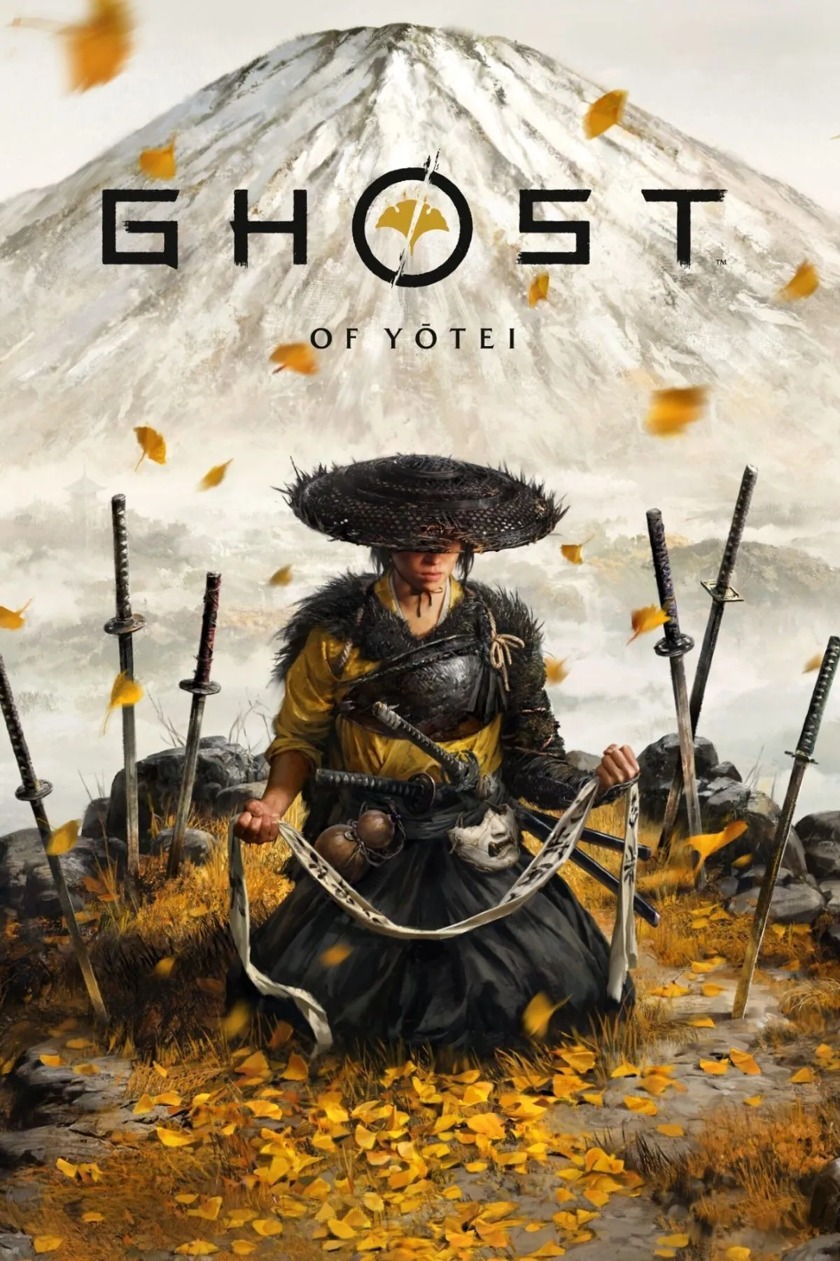 Ảnh nghệ thuật bìa game Ghost of Yotei, có thể hiện phong cảnh Nhật Bản thời phong kiến và nhân vật Samurai