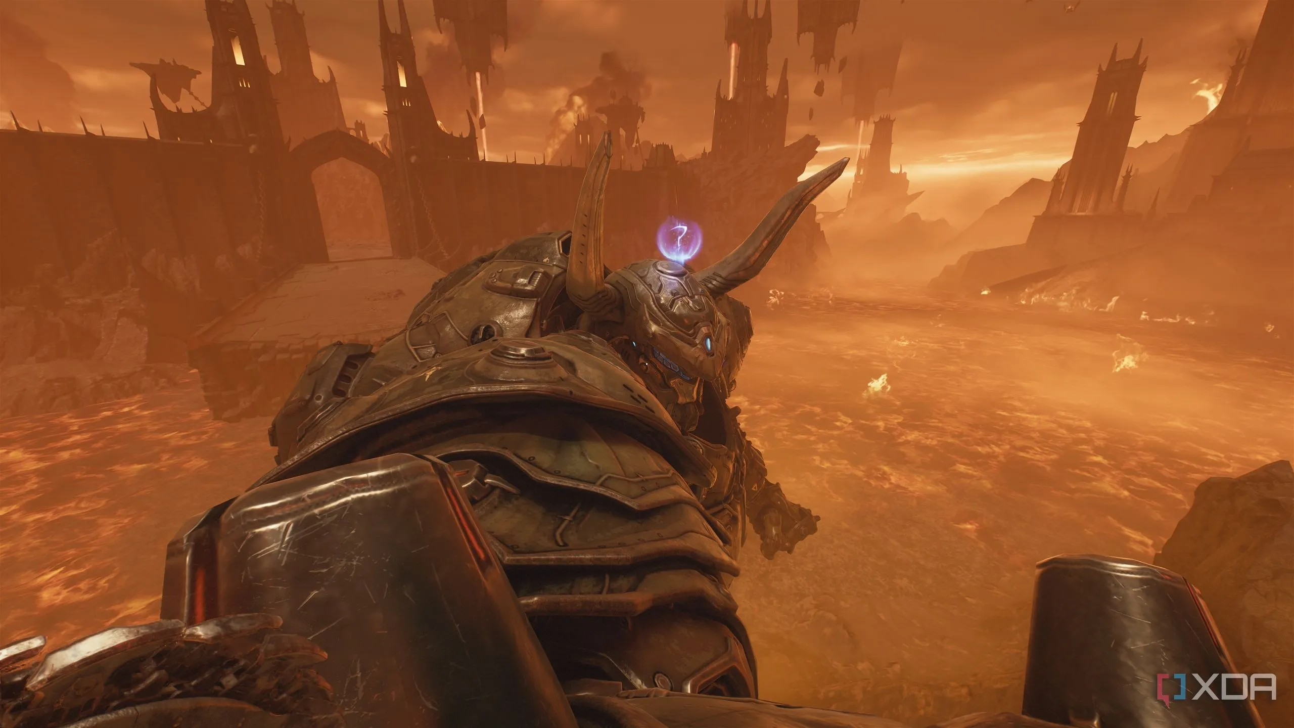 Atlan Mech khổng lồ trong dòng dung nham ở Doom: The Dark Ages, hiển thị vị trí bí mật trên vai