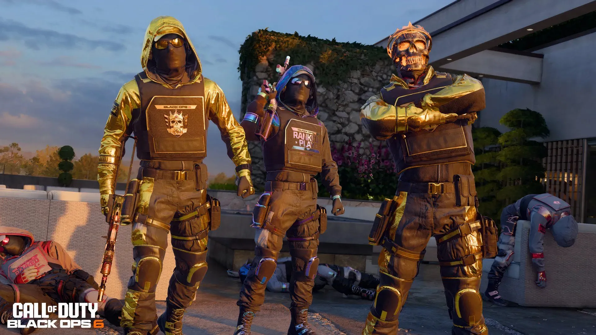 Ba đặc nhiệm Call of Duty mừng chiến thắng trước kẻ thù trong chế độ Ranked Play của Black Ops 6, thể hiện sự bảo vệ người chơi chính trực