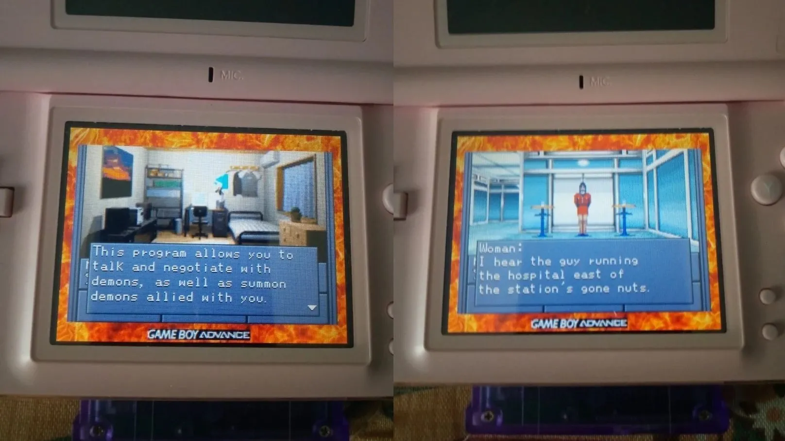 Bản dịch tiếng Anh của Shin Megami Tensei trên GBA được chơi trên Nintendo DS, cho thấy giao diện game và các đoạn hội thoại đã được Việt hóa.