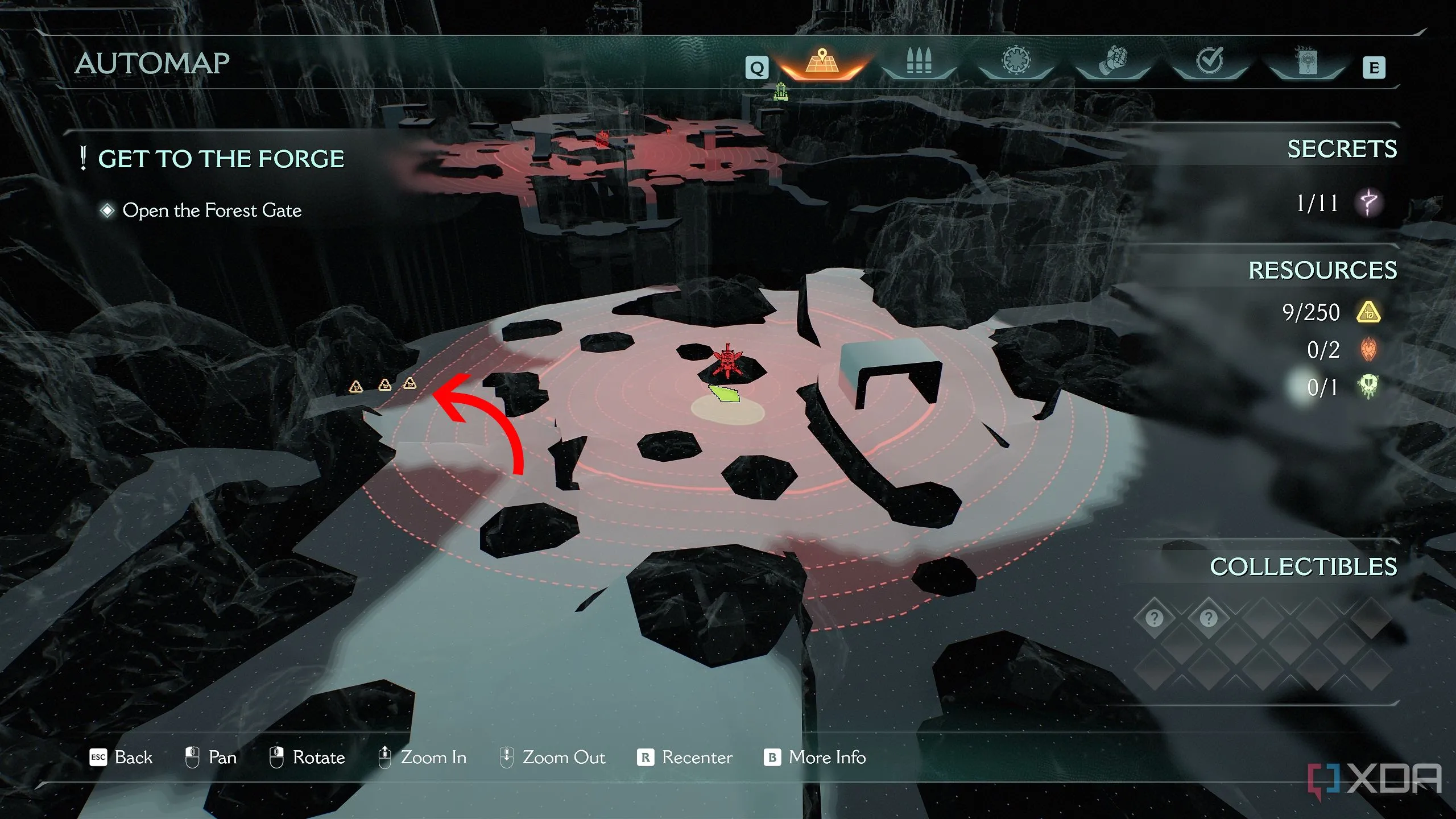 Bản đồ 3D Automap chỉ ra vị trí của trường đấu đầu tiên trong Chương 8 Doom: The Dark Ages.