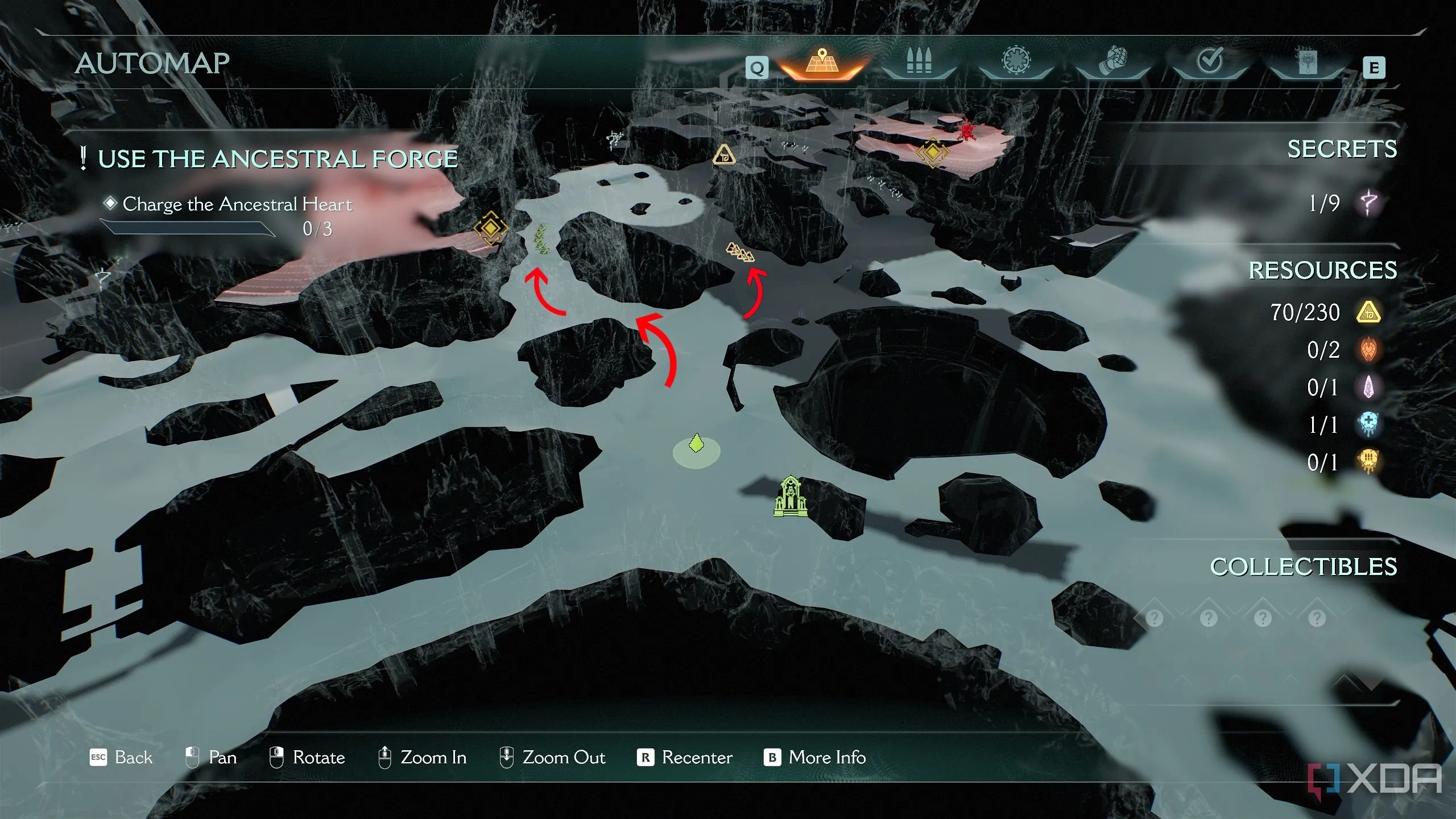 Bản đồ 3D Automap trong Doom: The Dark Ages hiển thị vị trí các vệt vàng và bức tượng sư tử thứ hai