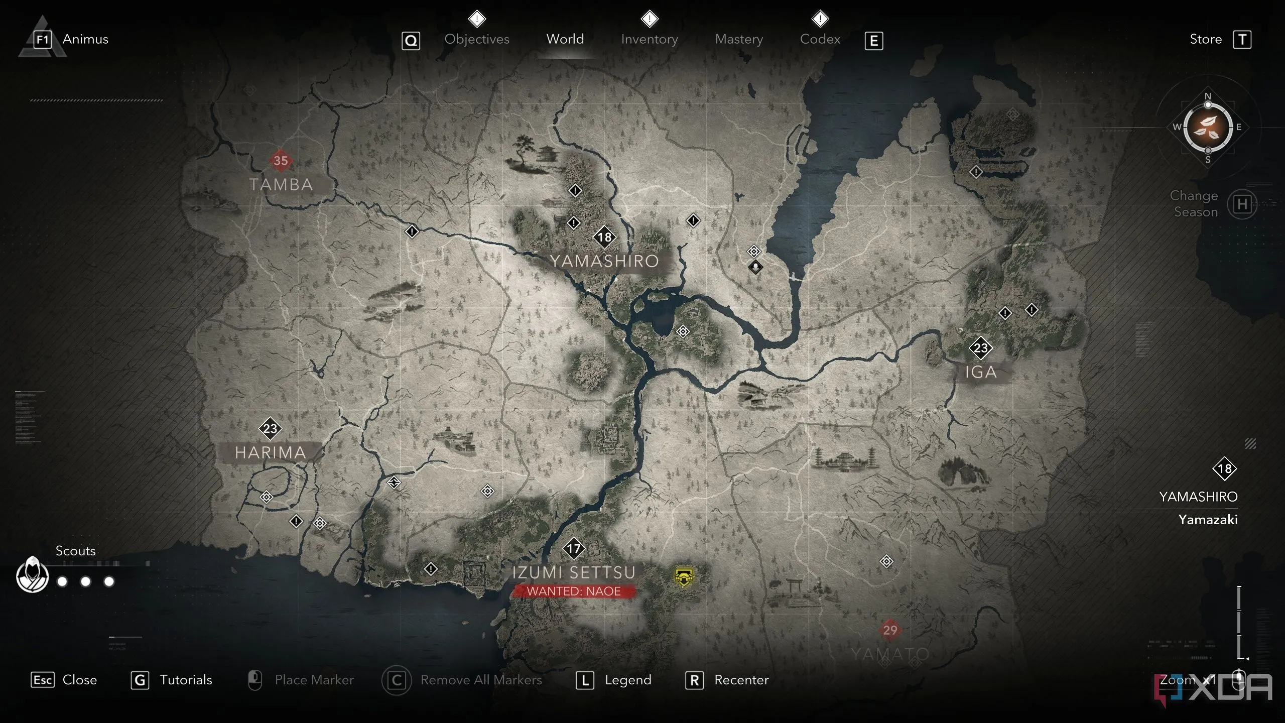 Bản đồ thế giới mở của Assassin's Creed Shadows hiển thị các điểm Kakurega