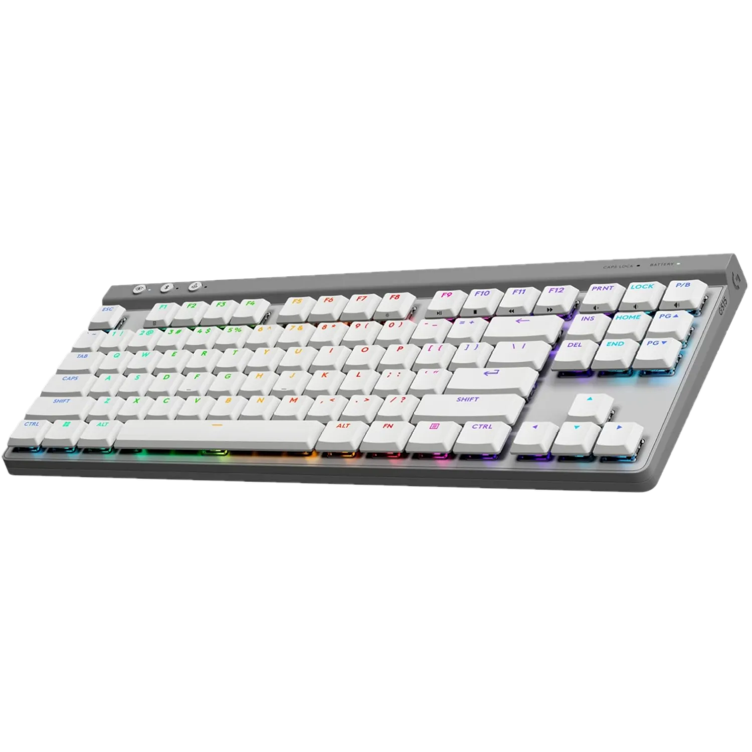 Bàn phím cơ low-profile không dây Logitech G515 Lightspeed TKL màu trắng với đèn RGB, thiết kế công thái học.