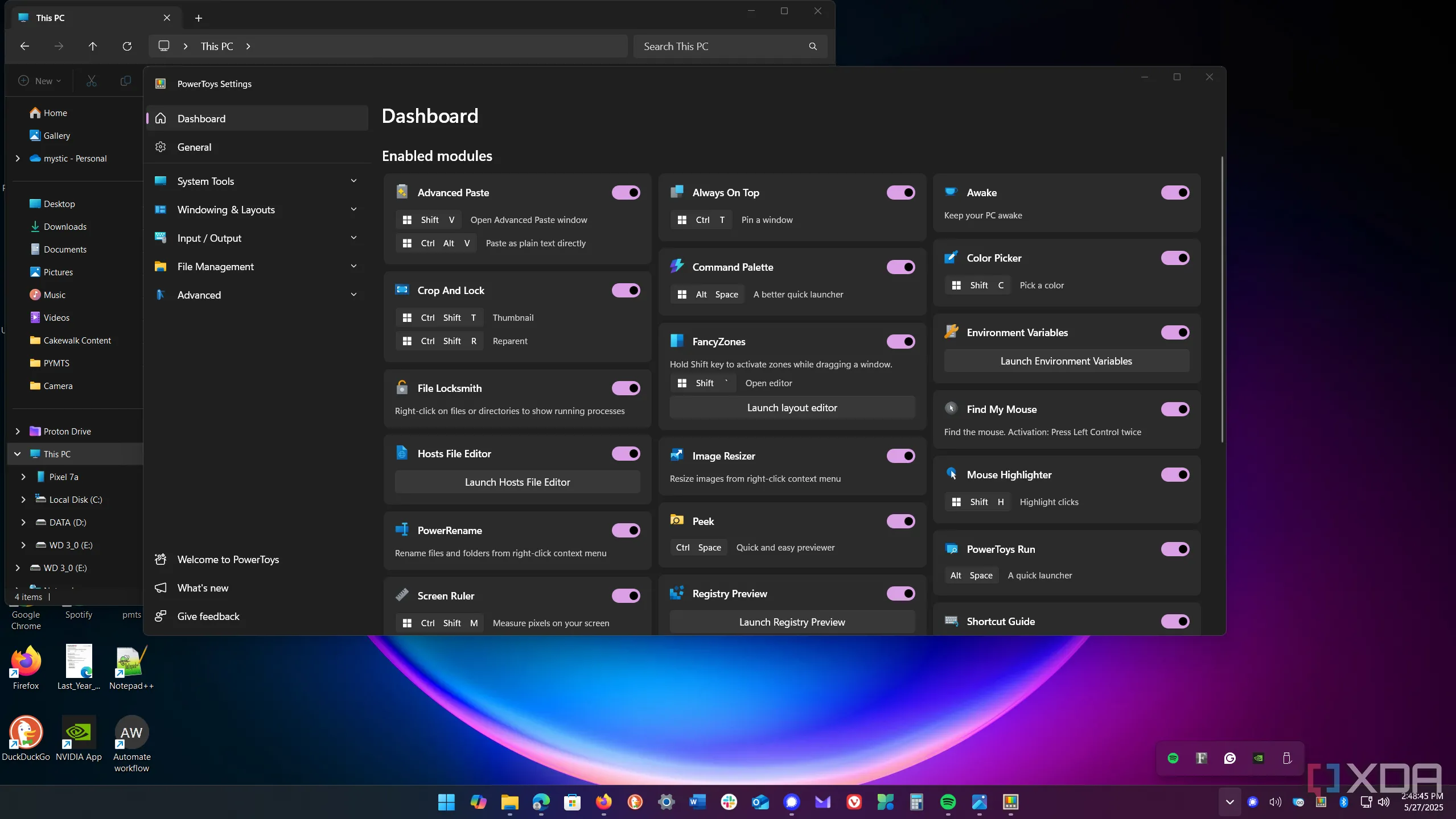 Bảng điều khiển chính của PowerToys hiển thị danh sách các tiện ích có sẵn trên Windows 11.
