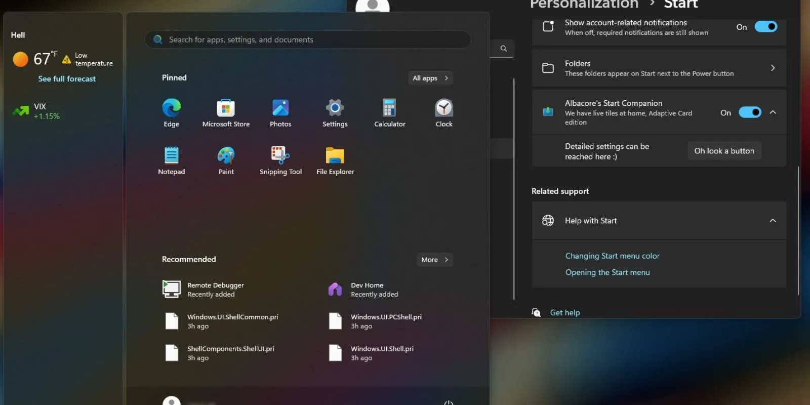 Bảng điều khiển đồng hành tùy chỉnh trên Start menu Windows 11, minh họa tiềm năng cho các ứng dụng khác như thời tiết