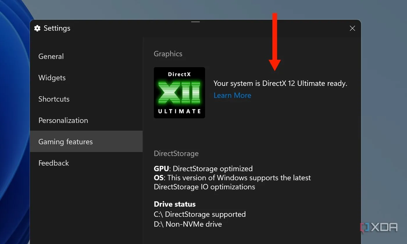 Bảng điều khiển Game Bar trên Windows 11 hiển thị khả năng tương thích với DirectX 12 Ultimate