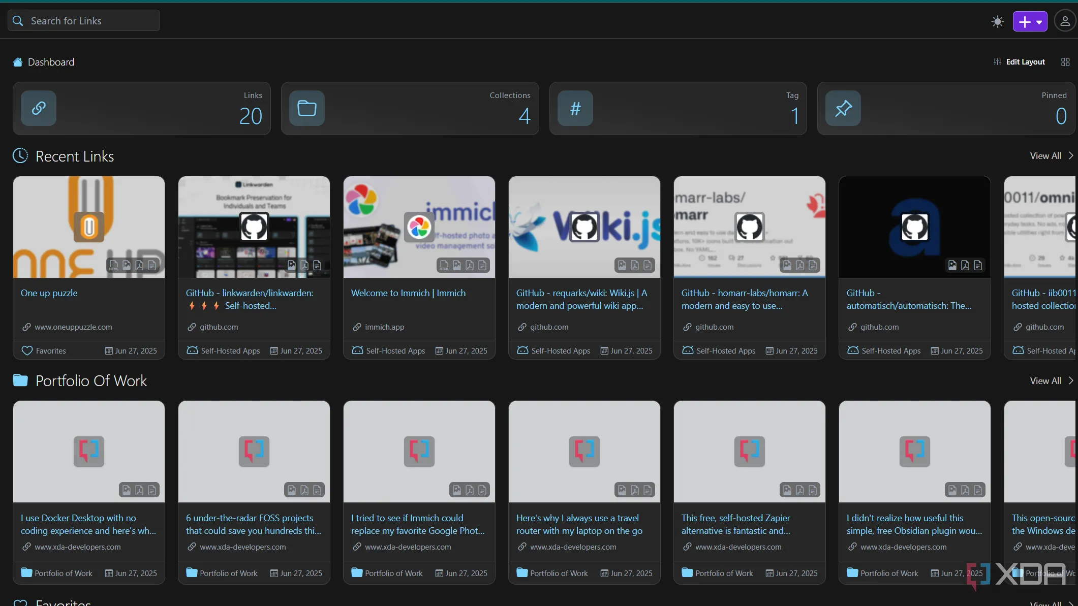 Bảng điều khiển Linkwarden với các liên kết đã lưu