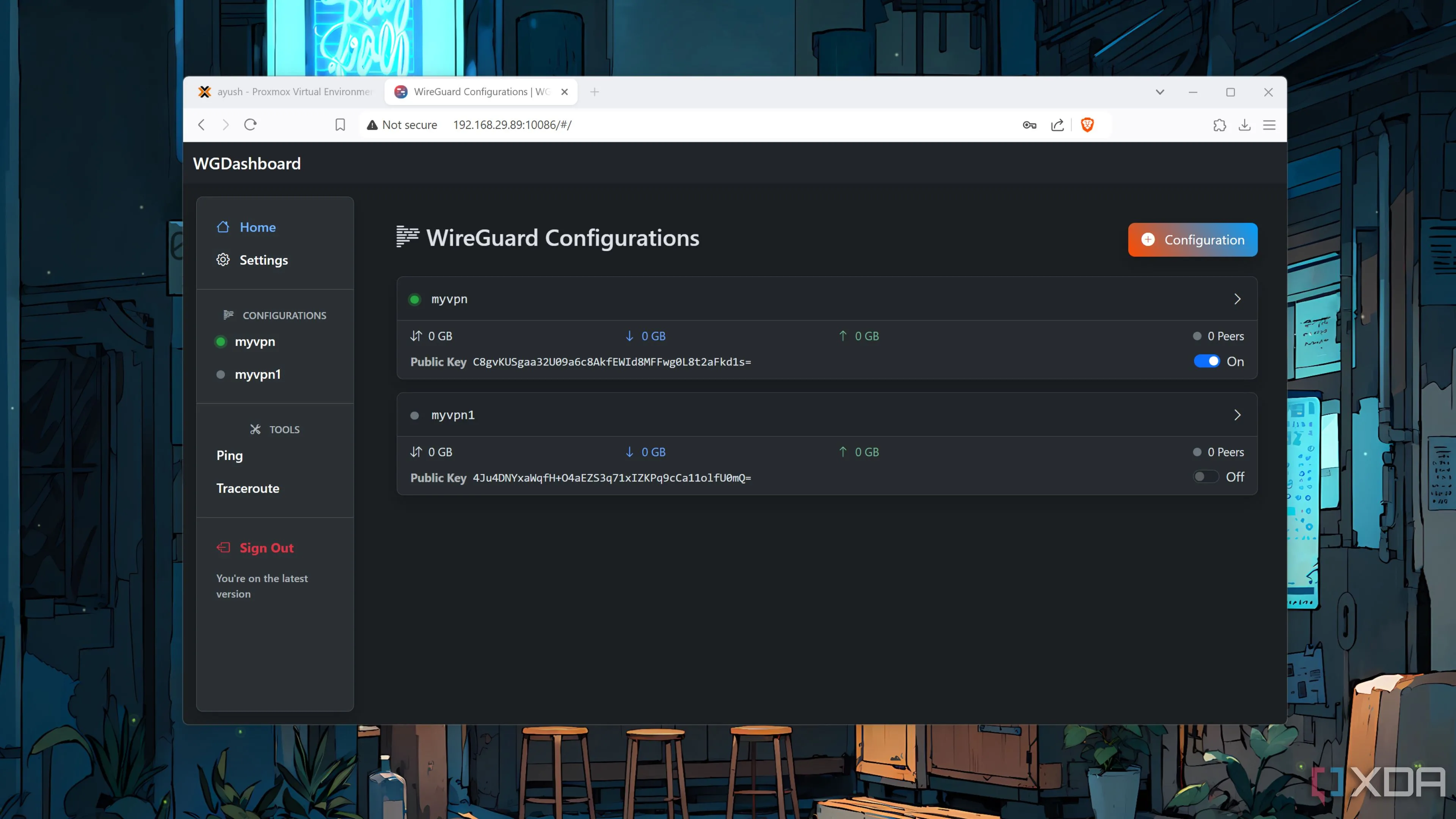 Bảng điều khiển WGDashboard hiển thị hai kết nối VPN WireGuard đã được thiết lập