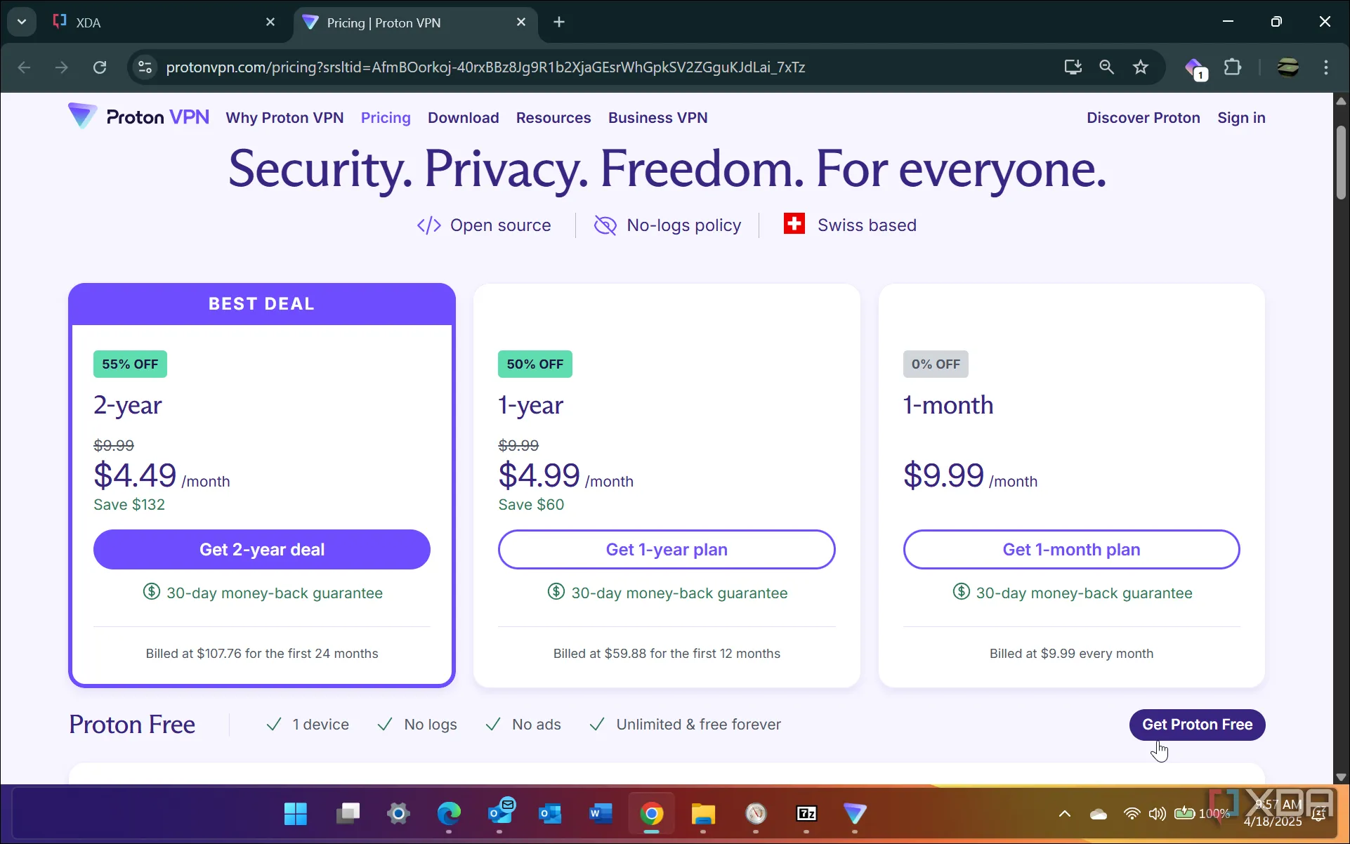 Bảng giá các gói dịch vụ của Proton VPN, bao gồm cả lựa chọn miễn phí