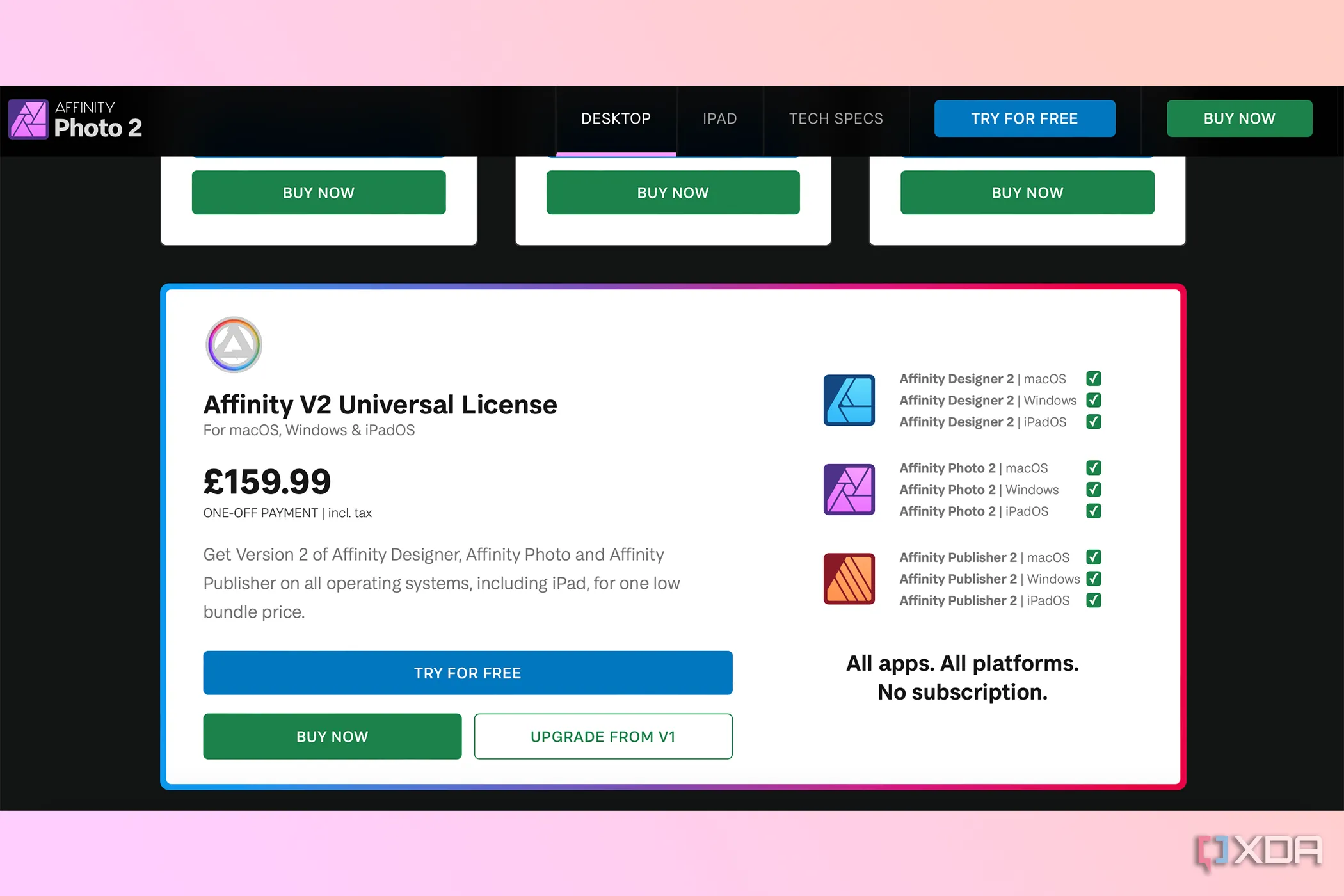 Bảng giá Universal License của Affinity cho các ứng dụng