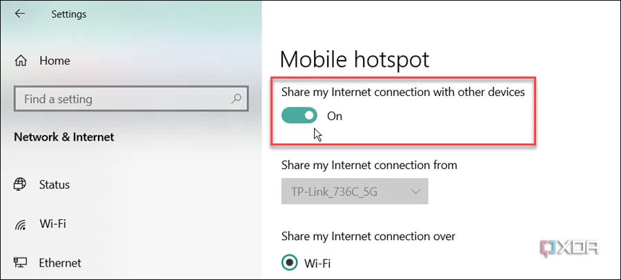 Bật công tắc Chia sẻ kết nối internet của tôi với các thiết bị khác trên Windows 10