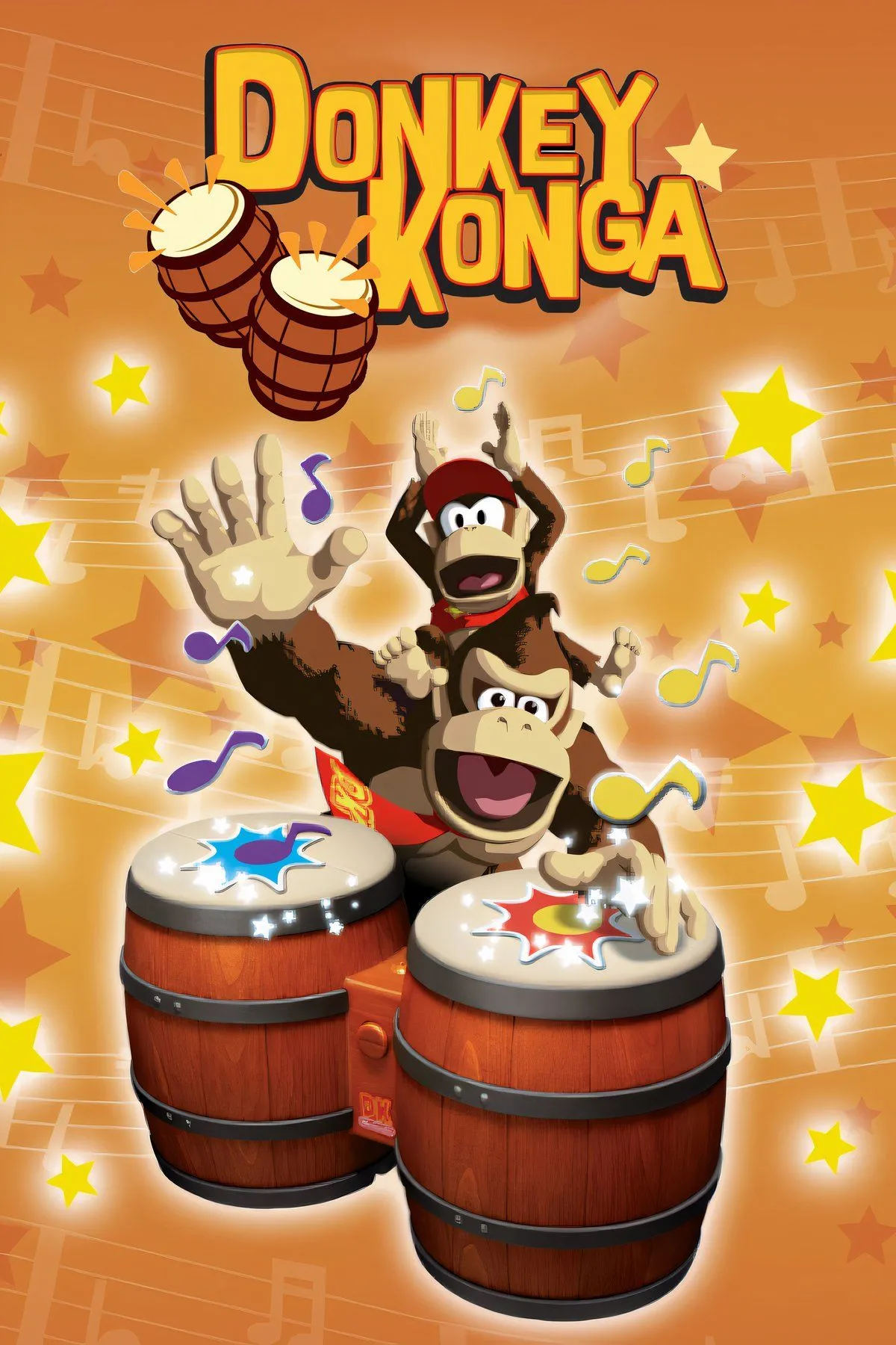 Bìa game Donkey Konga với bộ điều khiển DK Bongo