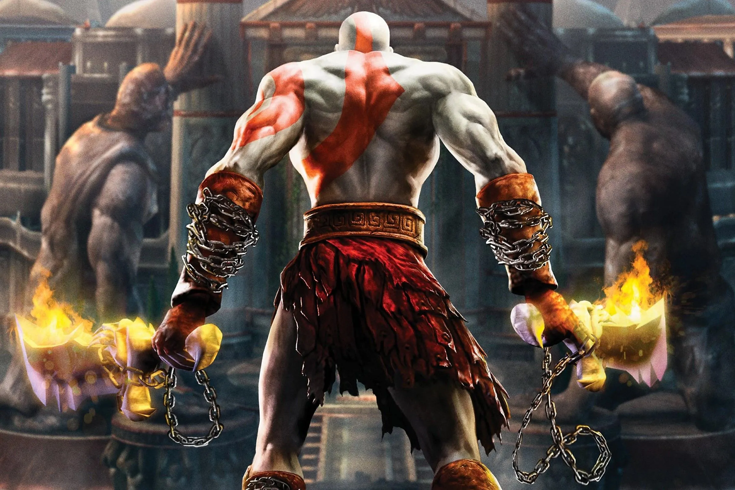 Bìa game God of War II trên PS2, mô tả Kratos chuẩn bị chiến đấu