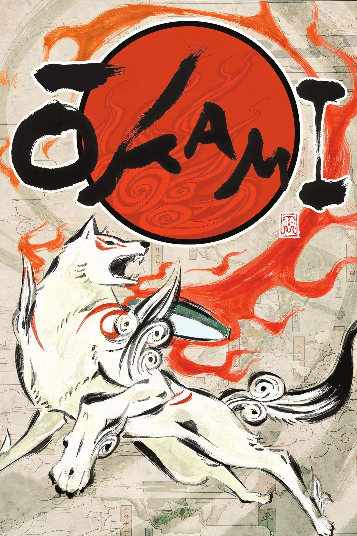 Bìa game Okami với nữ thần Amaterasu trong hình dạng sói