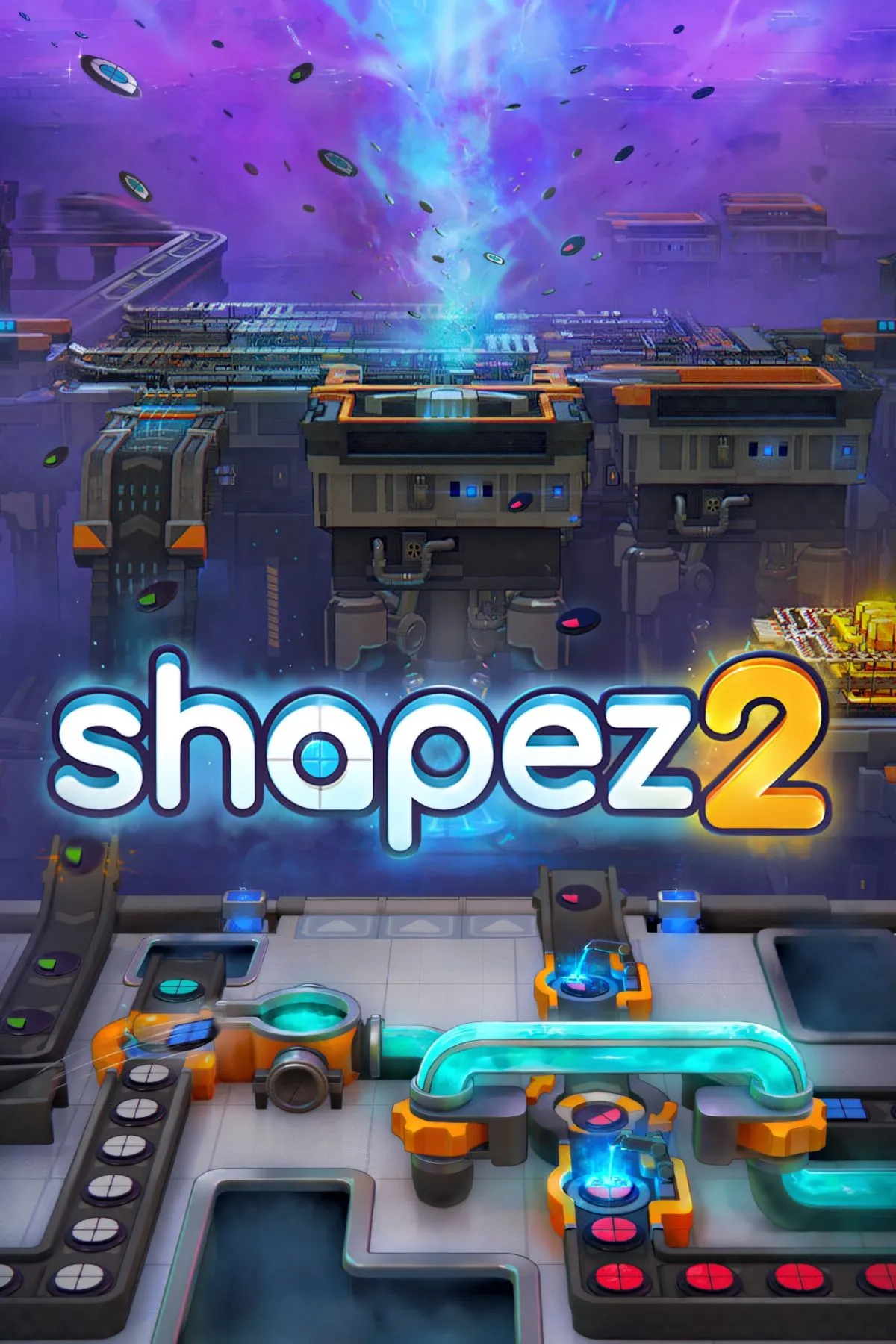 Bìa game Shapez 2 với các khối hình học đa dạng và dây chuyền sản xuất tối giản