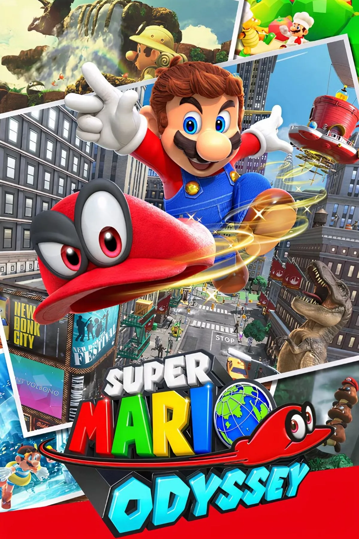 Bìa game Super Mario Odyssey với Mario và Cappy trong một thế giới đầy màu sắc