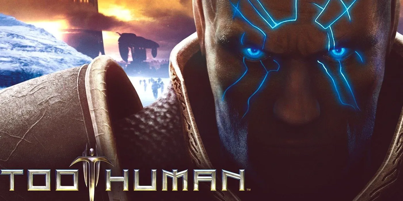 Bìa game Too Human, với nhân vật chính Baldur trong bối cảnh giả tưởng Bắc Âu hiện đại.