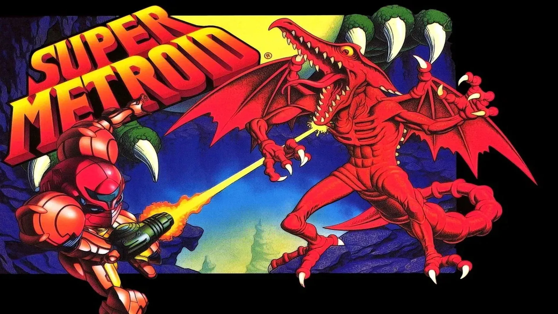 Bìa hộp game Super Metroid trên Super Nintendo, với Samus Aran đối mặt với Metroid khổng lồ