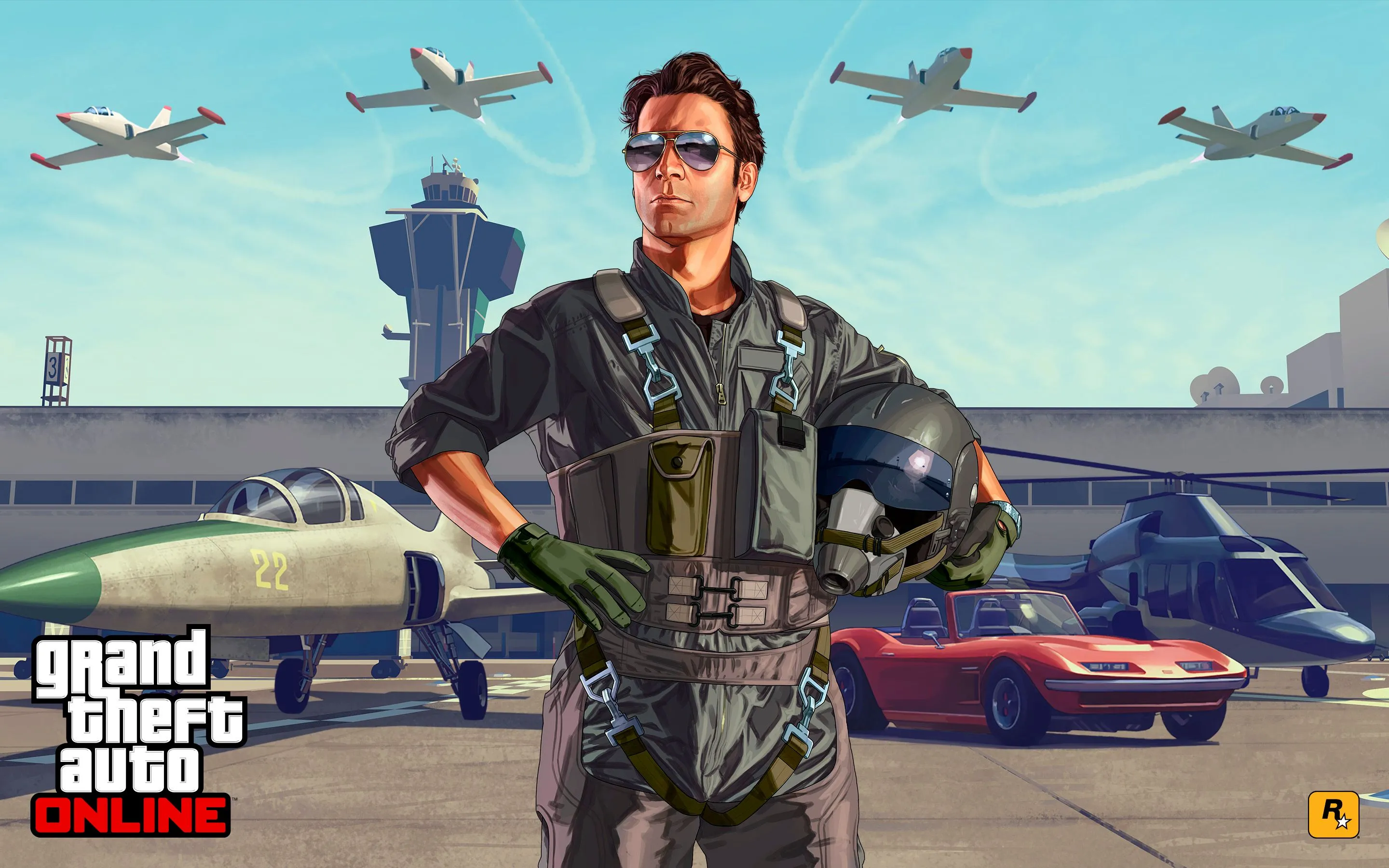 Bìa nghệ thuật của Grand Theft Auto Online với phi công đứng trên sân bay, máy bay bay lượn trên bầu trời xanh, gợi ý về thế giới mở rộng lớn của GTA
