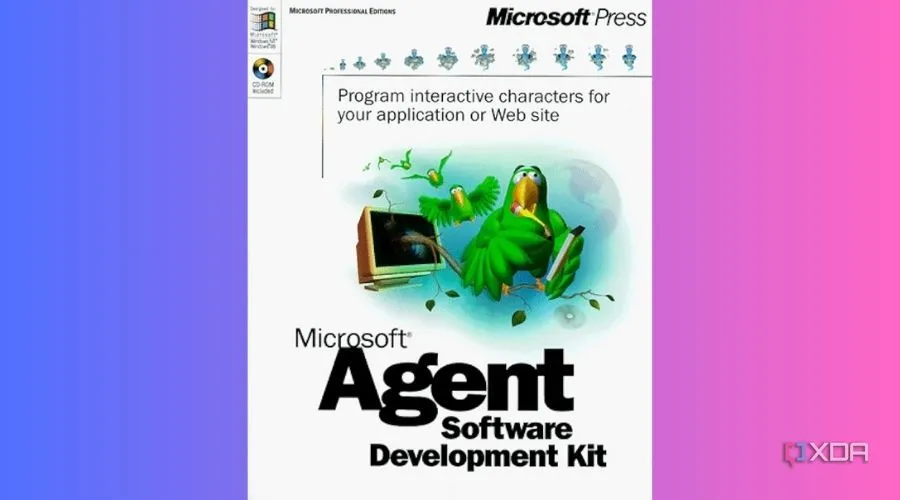 Bìa phần mềm Microsoft Agent hiển thị các nhân vật hoạt hình tương tác.