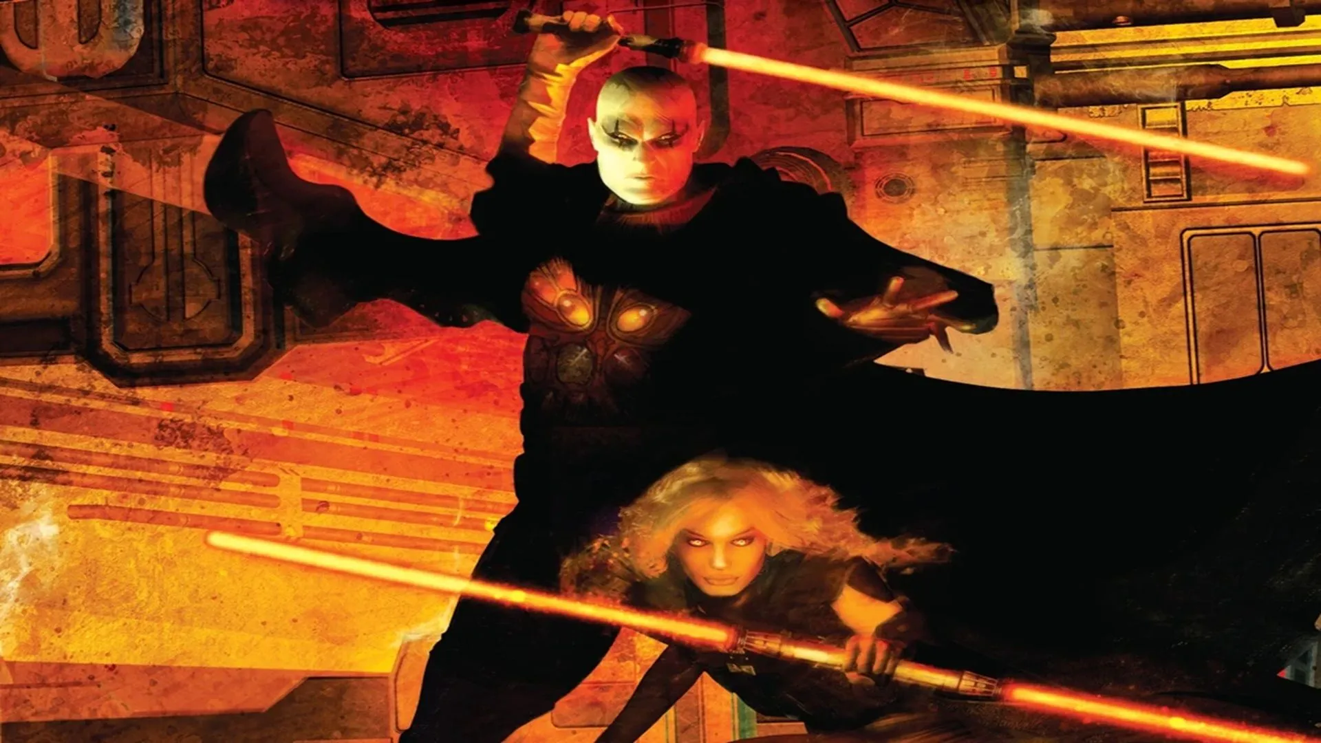 Bìa tiểu thuyết Star Wars Darth Bane: Rule of Two, với hình ảnh Chúa tể Sith Darth Bane và đệ tử Zannah, thể hiện cốt truyện về quy tắc hai người Sith.
