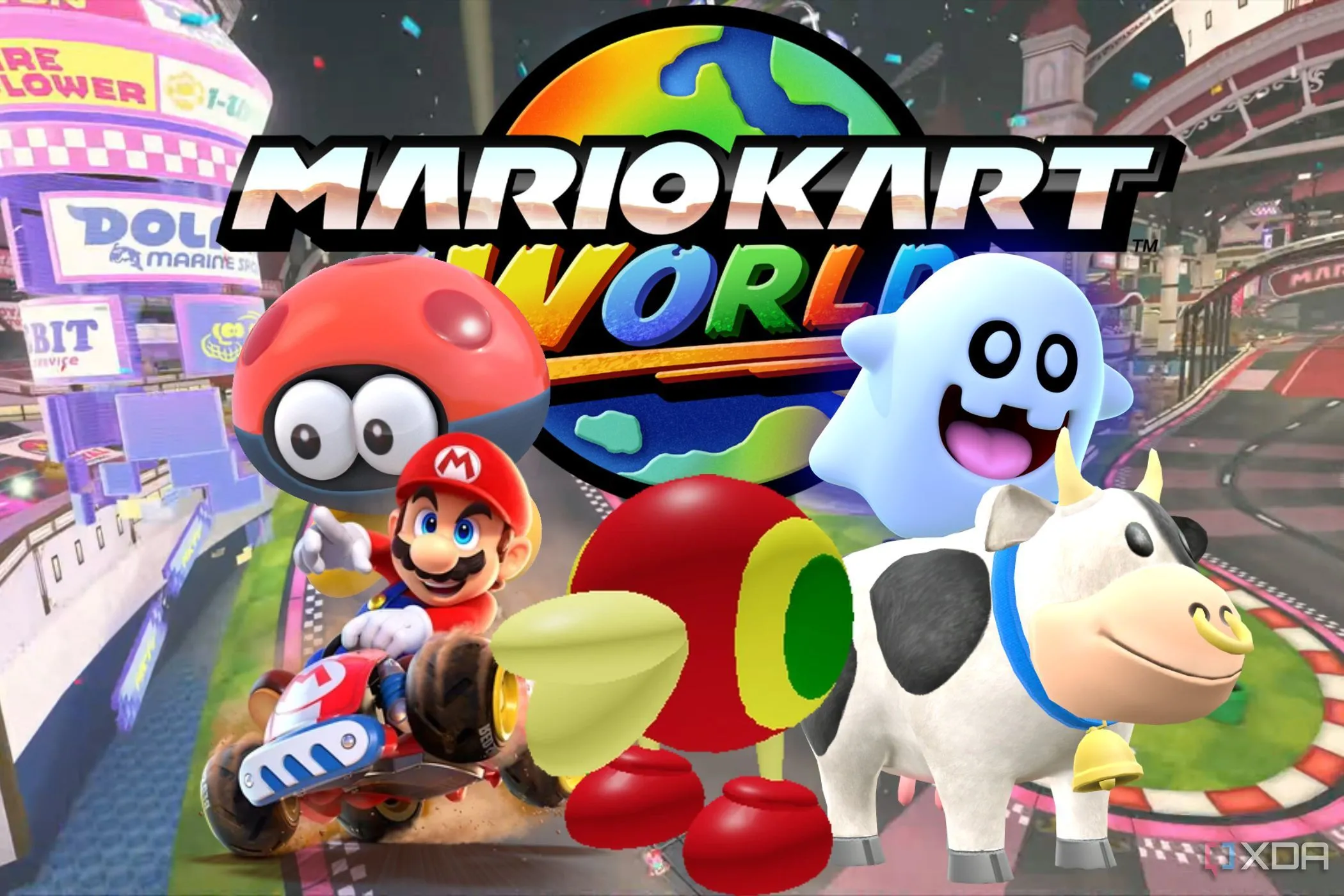 Biểu tượng game Mario Kart World với các nhân vật quen thuộc và một số nhân vật mới, gợi ý về khả năng bổ sung nội dung và hỗ trợ lâu dài.