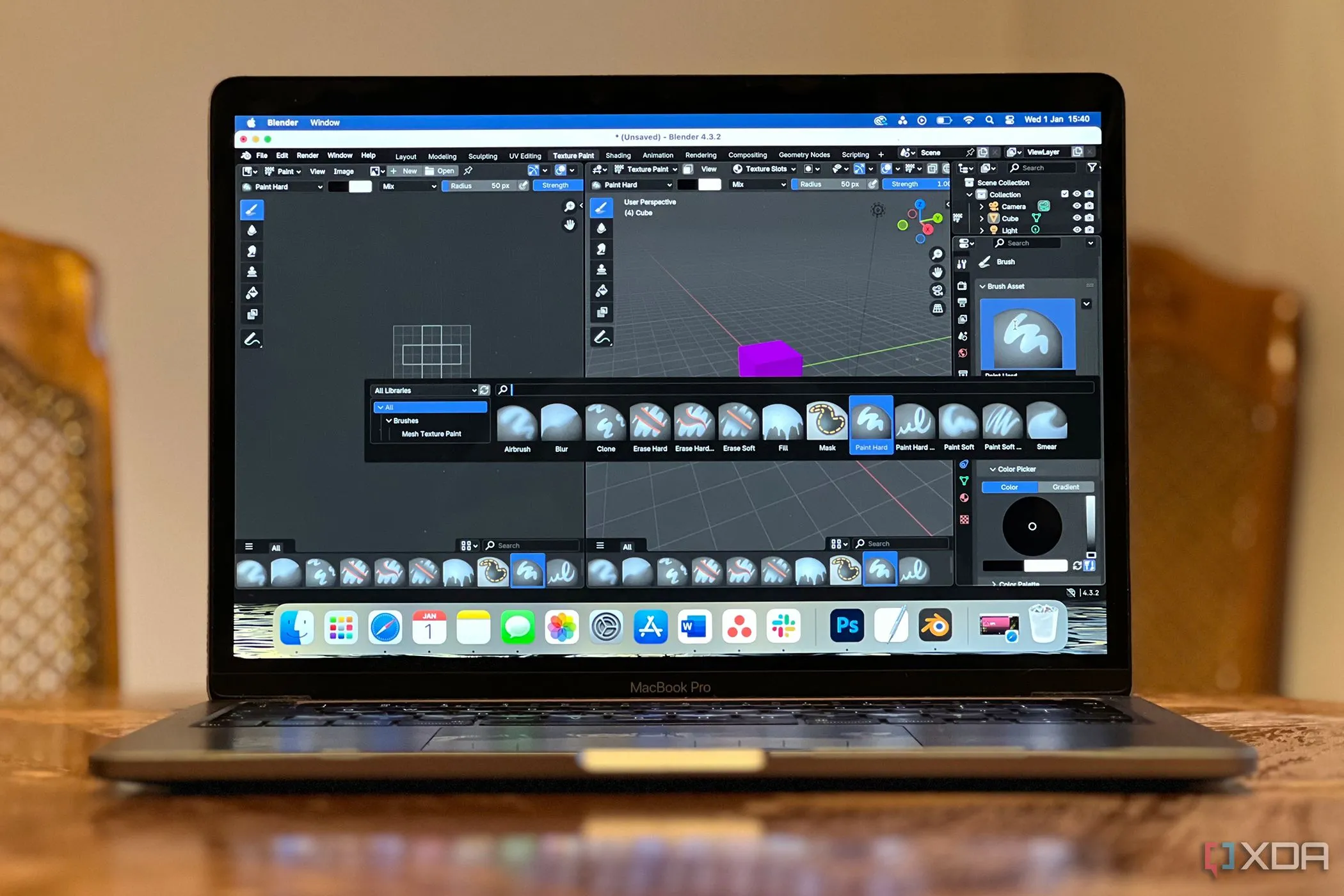 Blender đang hoạt động trên MacBook, hiển thị các tài nguyên 3D phong phú từ cộng đồng